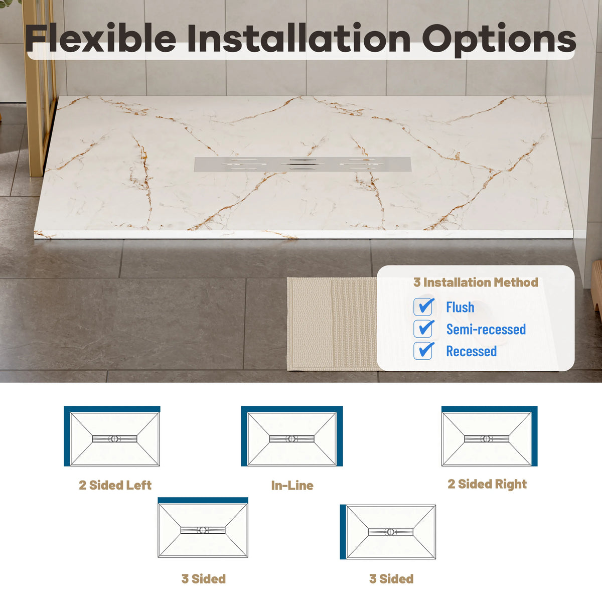 60"x36" White/Calacatta Curbless SMC Shower Base with Flamed Rock Slip-Resistant Surface, Center Drain