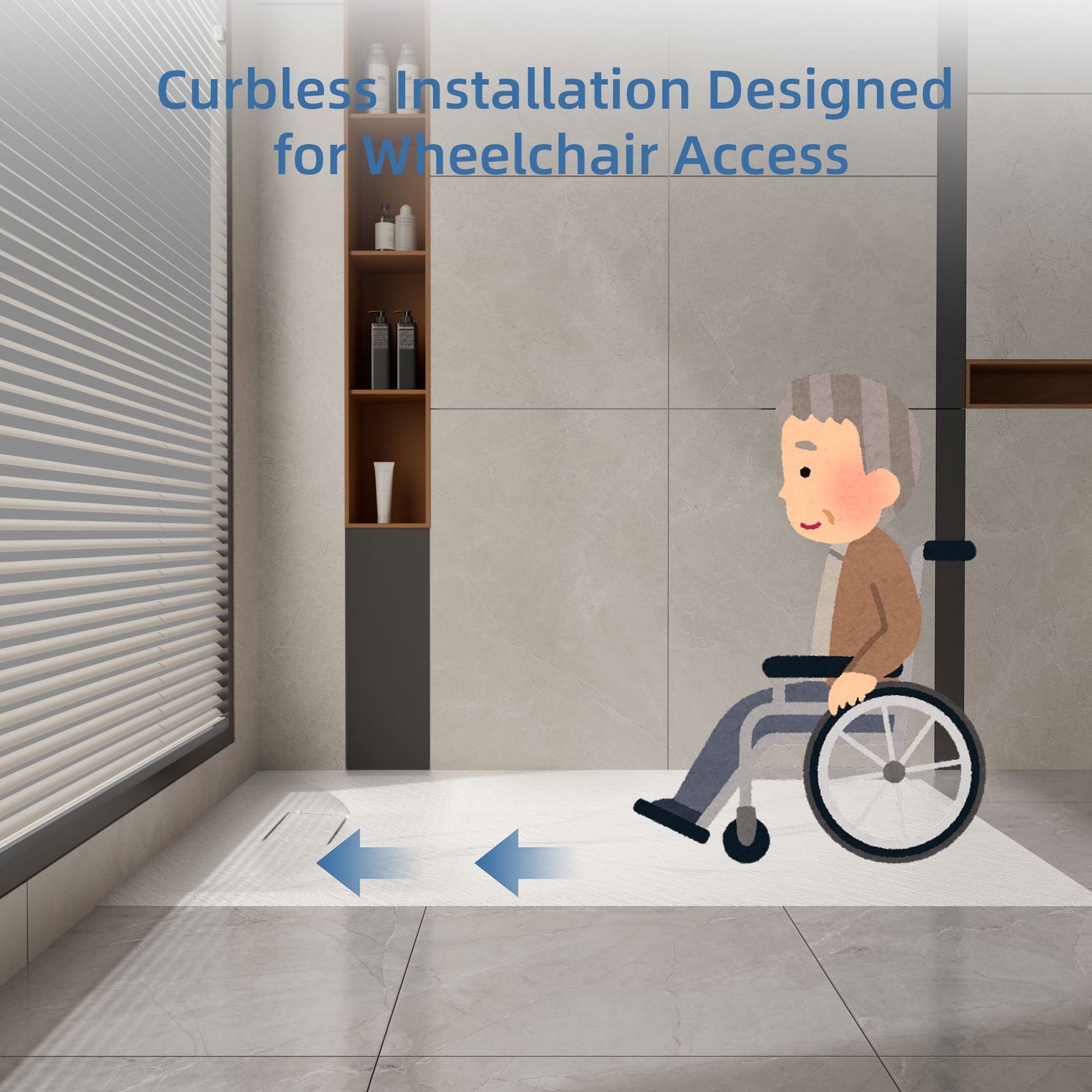 Curbless SMC Shower Base with Flamed Rock Slip-Resistant Surface, Reversible Drain