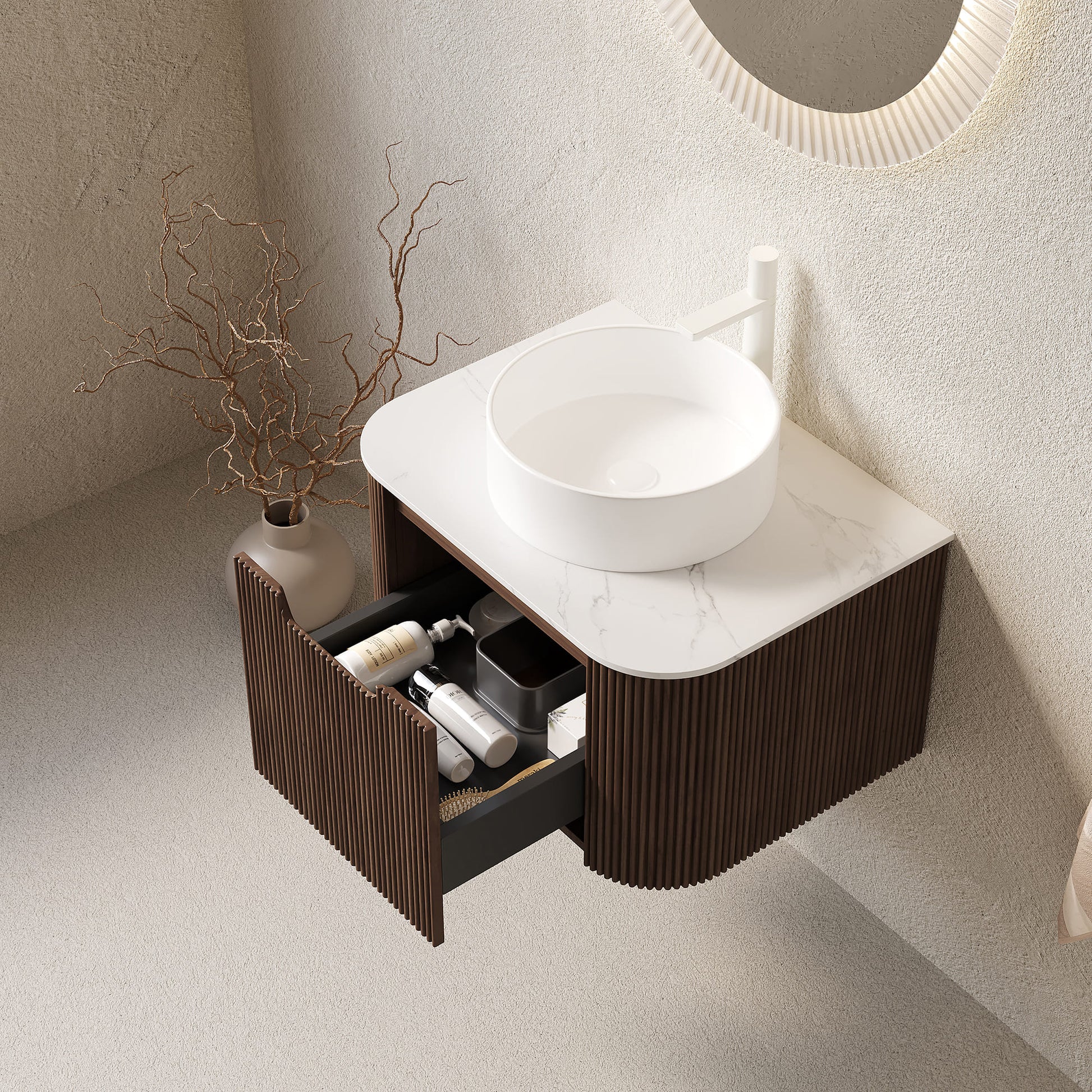 Floating Bathroom Vanity with Curved Edges, Fluted Drawer Fronts, Carrara Sintered Stone Top and Round Ceramic Vessel Sink, Natural Woodgrain / Dark Walnut