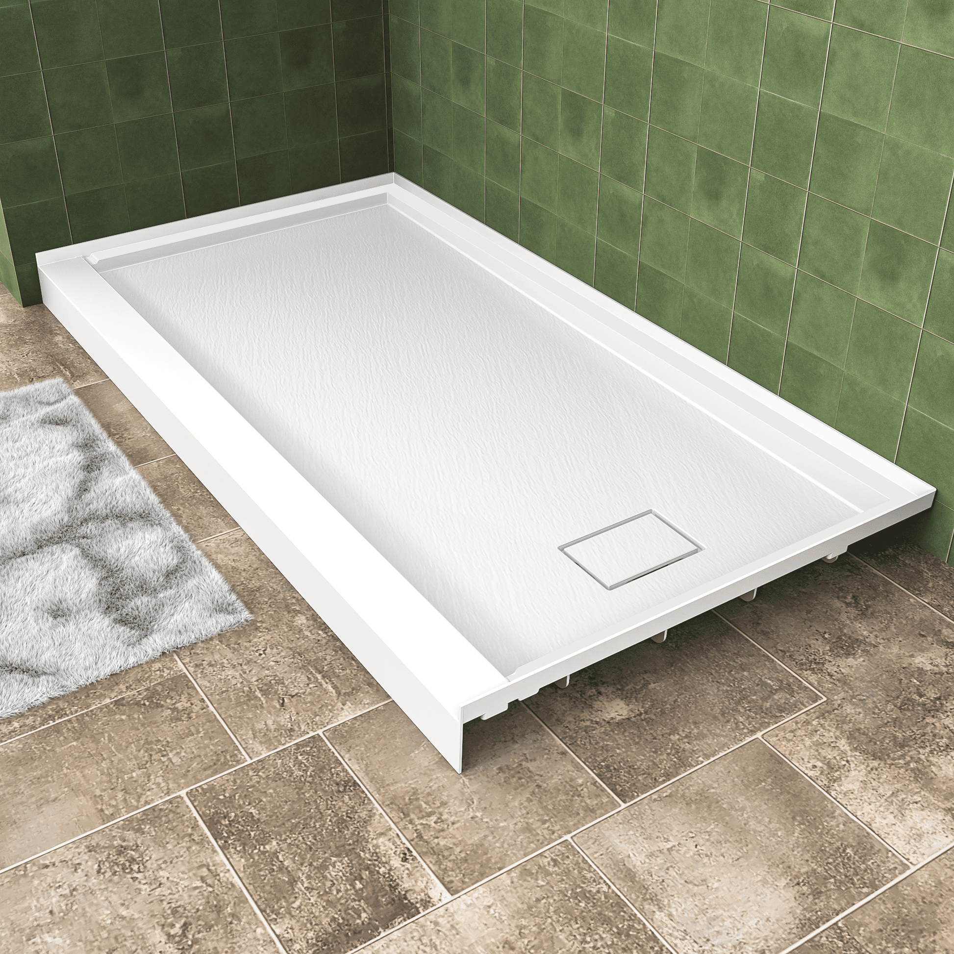 One-piece White Shower Base with Flamed Rock Slip-Resistant Surface, Left/Right Drain