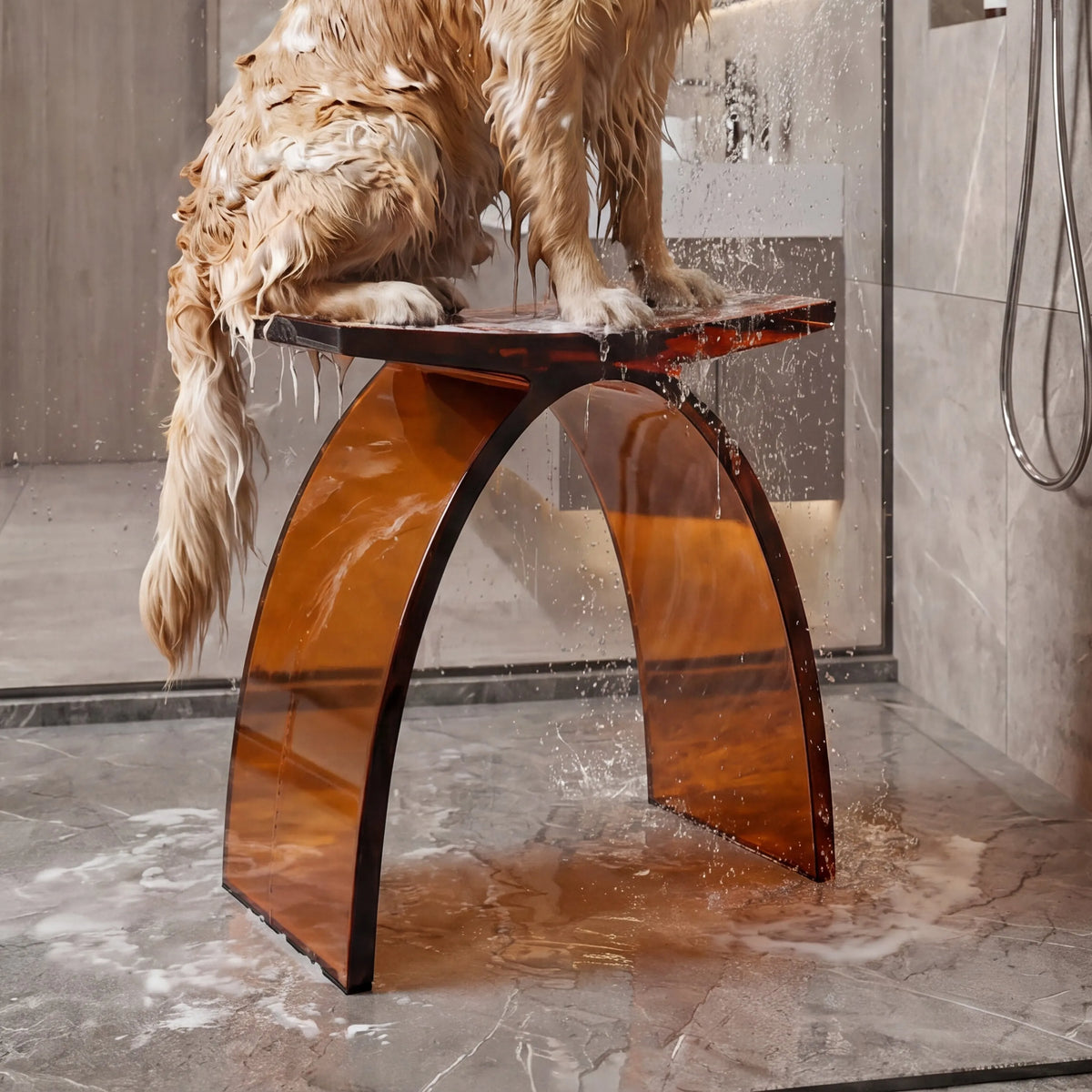 Translucent Resin Arched Solid Surface Bathroom Shower Bench in Glossy Smoke Black/Amber
