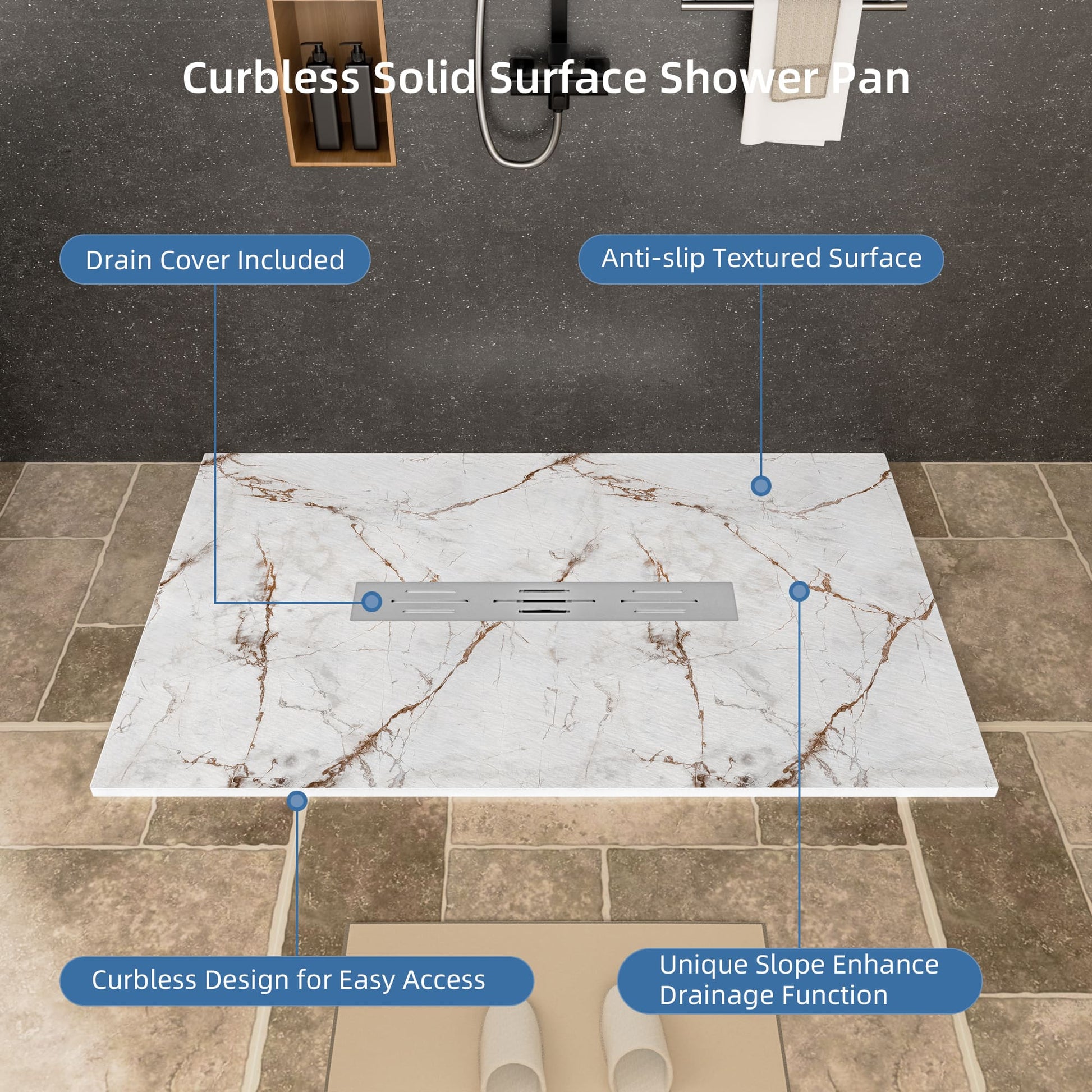 White/Calacatta Curbless SMC Shower Base with Flamed Rock Slip-Resistant Surface, Center Drain