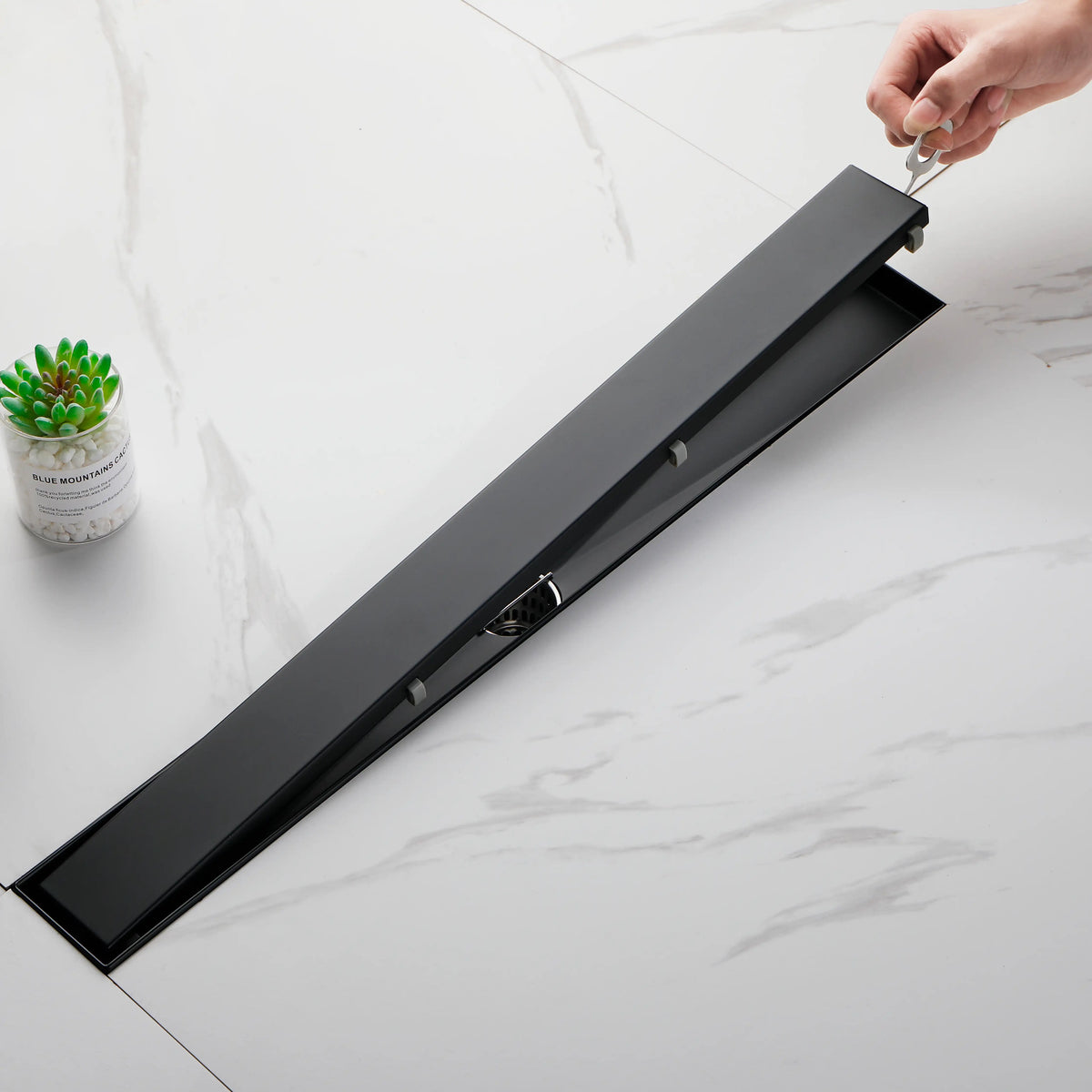 24-Inch Linear Shower Drain in 304 Stainless Steel with Removable Cover Hair Strainer and Flange