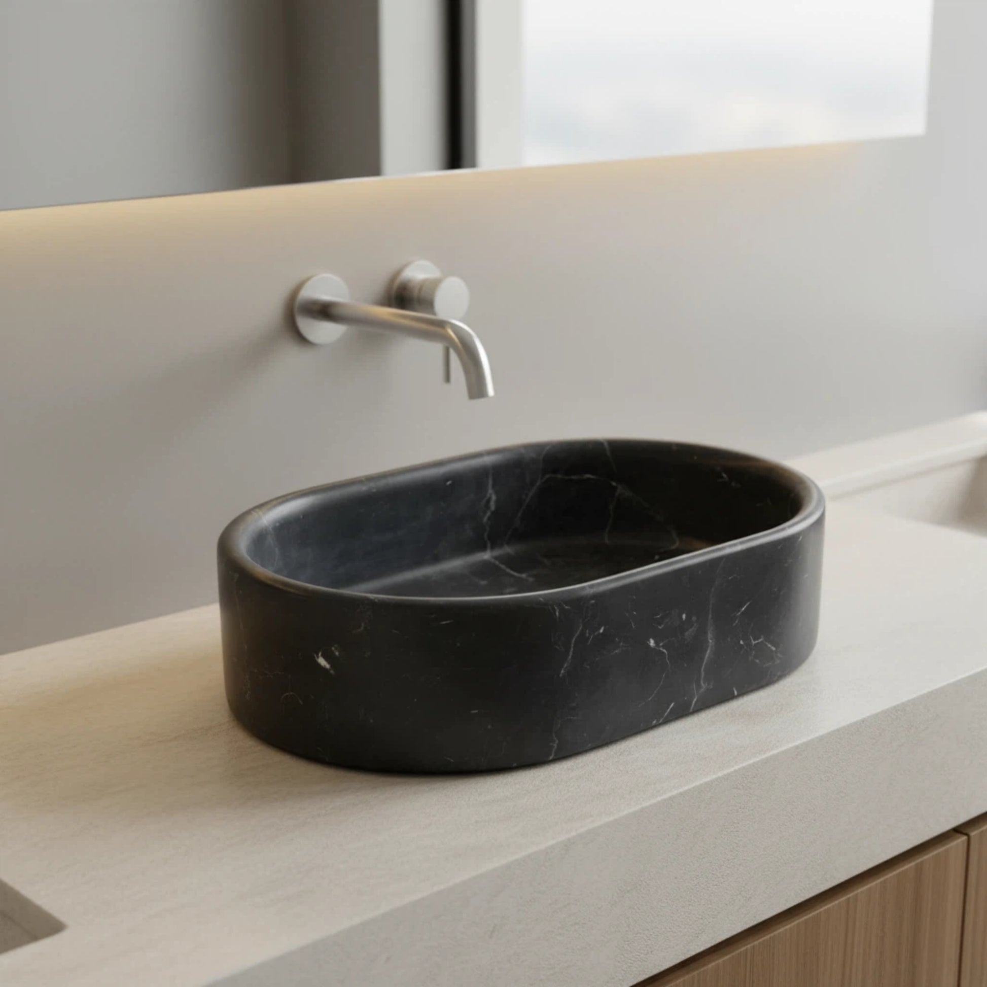 23.6" Bathroom Oval Dark Gray Matte Finish Marble Vessel Sink