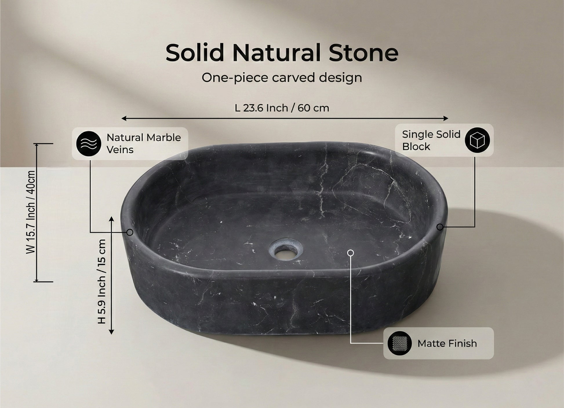 23.6" Bathroom Oval Dark Gray Matte Finish Marble Vessel Sink