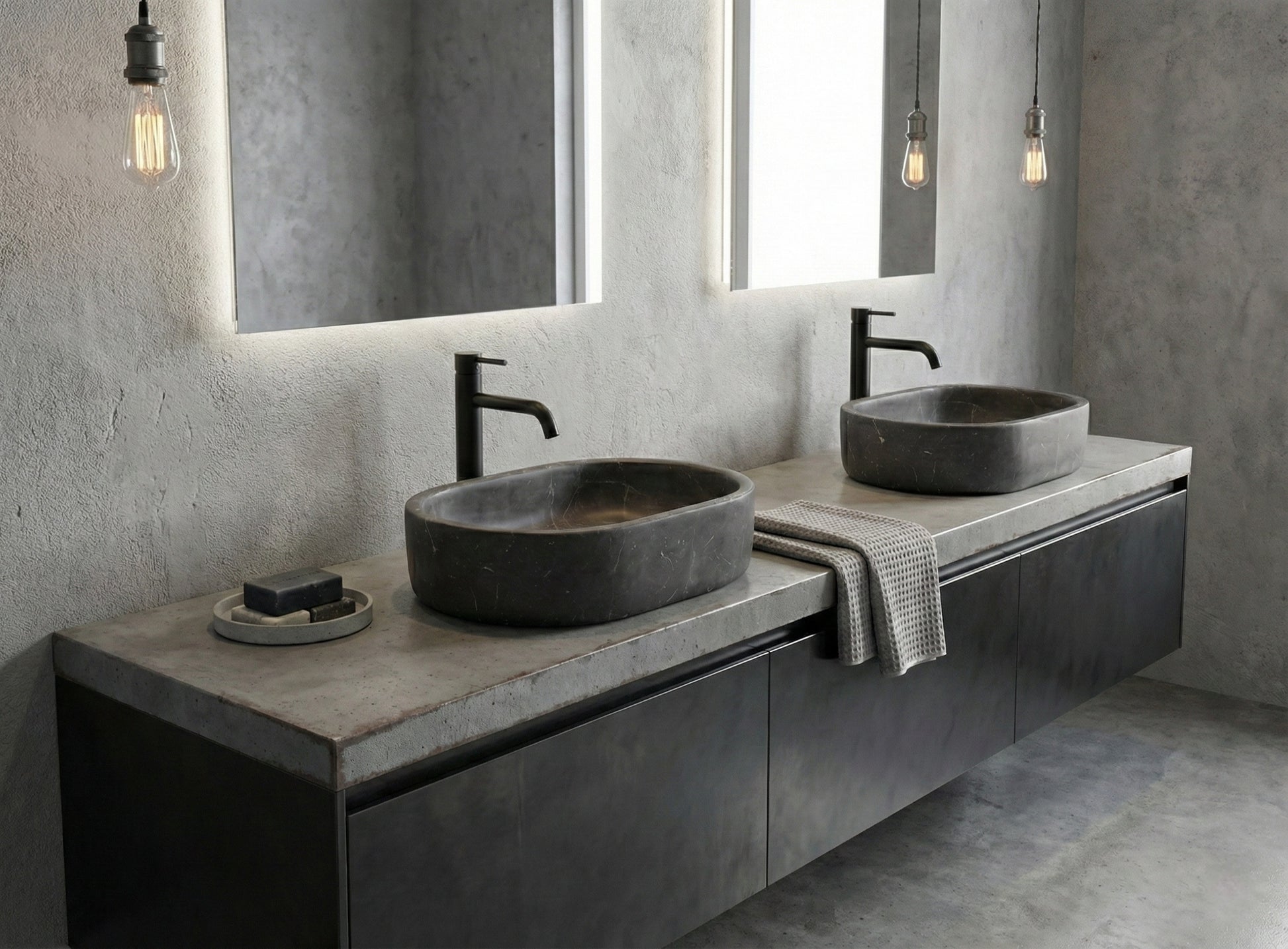23.6" Bathroom Oval Dark Gray Matte Finish Marble Vessel Sink