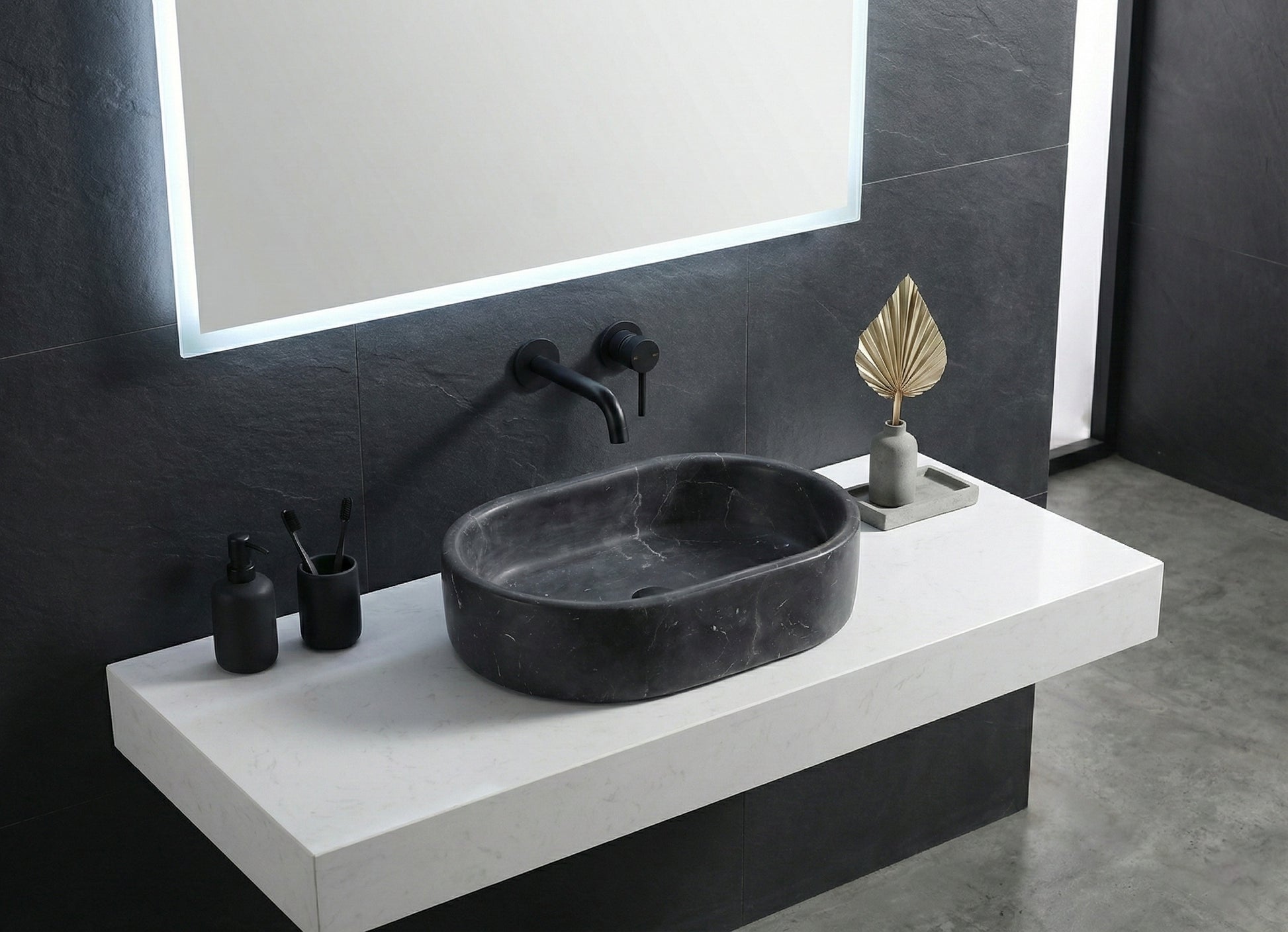 23.6" Bathroom Oval Dark Gray Matte Finish Marble Vessel Sink