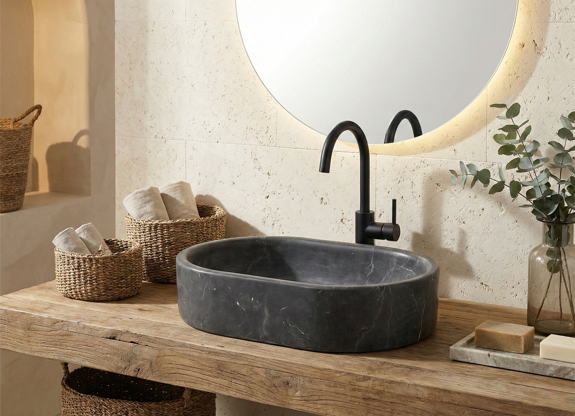 23.6" Bathroom Oval Dark Gray Matte Finish Marble Vessel Sink