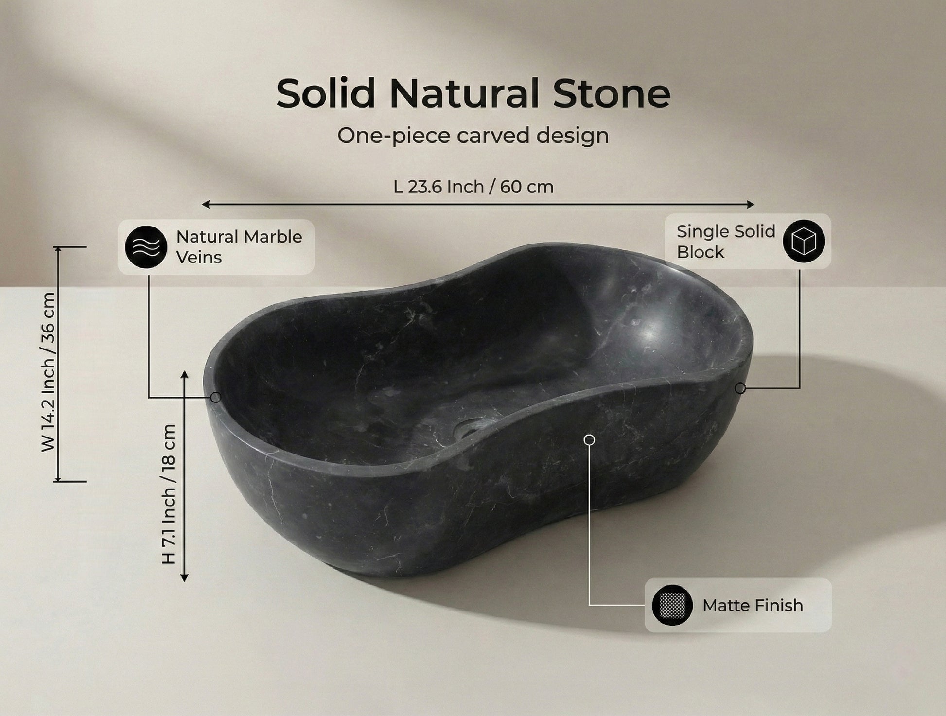 23.6" Organic Wavy Shape Stone Matte Finish Marble Vessel Basin