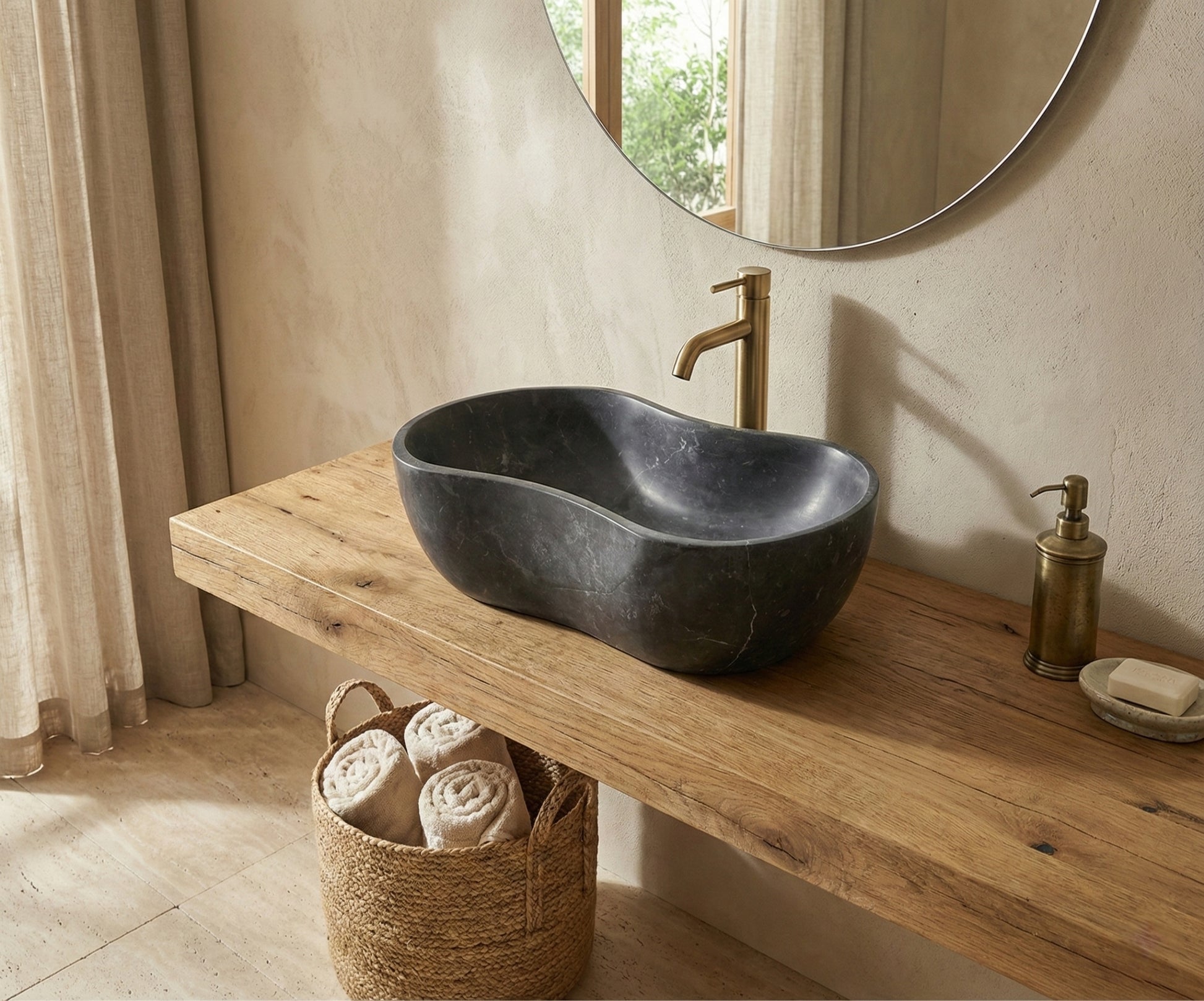 23.6" Organic Wavy Shape Stone Matte Finish Marble Vessel Basin