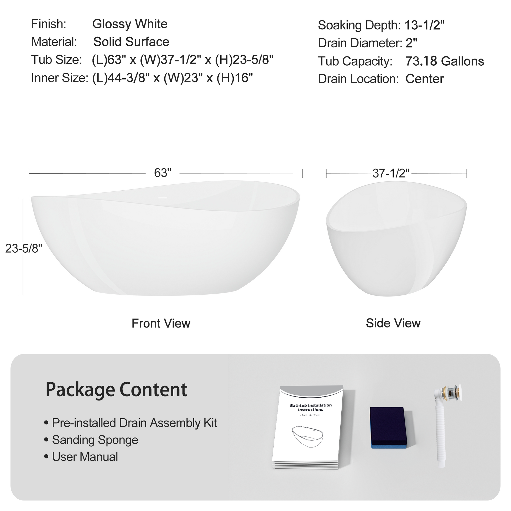 63" Unique Shaped Solid Surface Freestanding Bathtub with Warm-Touch Insulation