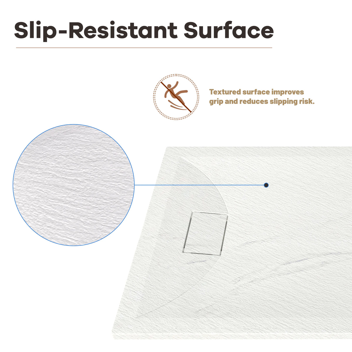 60"x32"/36" Curbless SMC Shower Base with Flamed Rock Slip-Resistant Surface, Reversible Drain