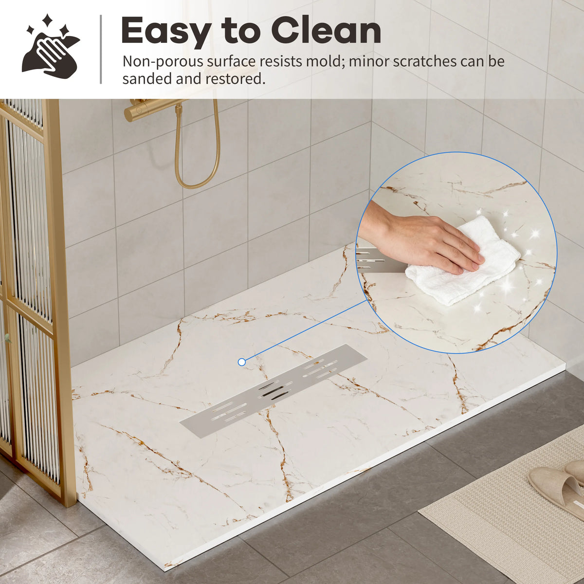 60"x36" White/Calacatta Curbless SMC Shower Base with Flamed Rock Slip-Resistant Surface, Center Drain