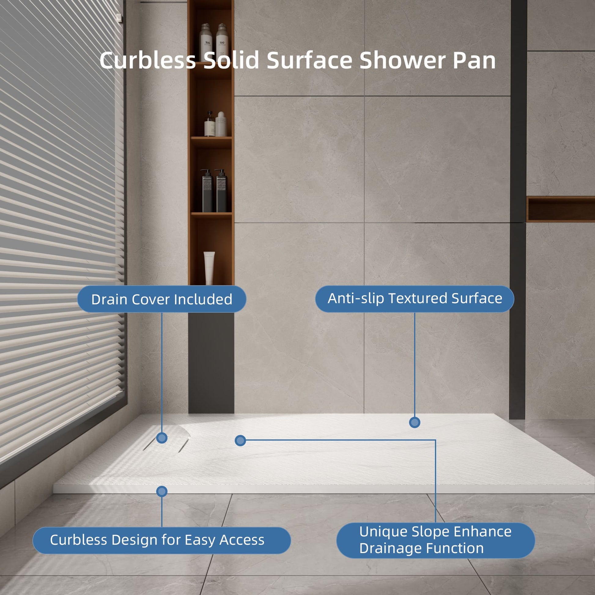 Curbless SMC Shower Base with Flamed Rock Slip-Resistant Surface, Reversible Drain