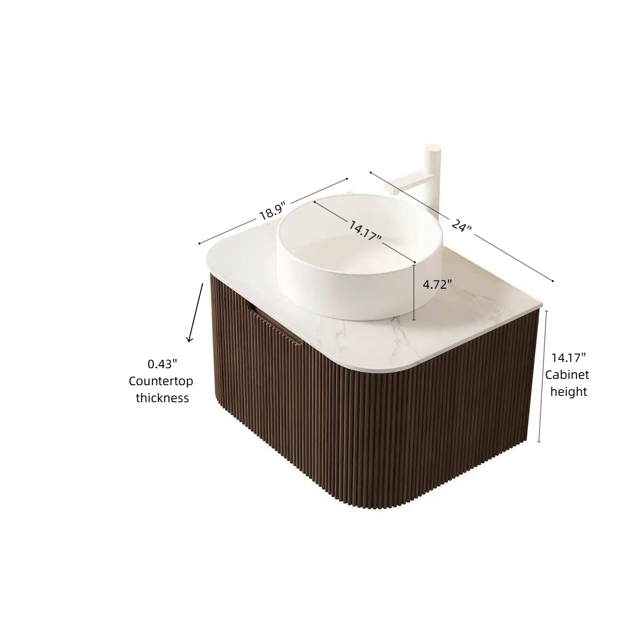 Floating Bathroom Vanity with Curved Edges, Fluted Drawer Fronts, Carrara Sintered Stone Top and Round Ceramic Vessel Sink, Natural Woodgrain / Dark Walnut