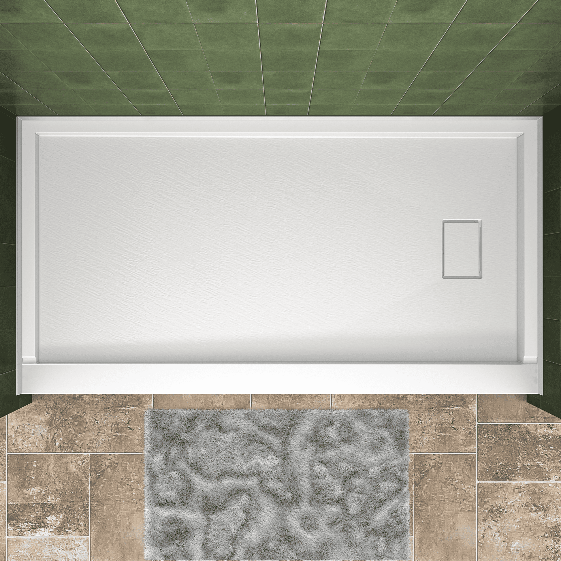 One-piece White Shower Base with Flamed Rock Slip-Resistant Surface, Left/Right Drain