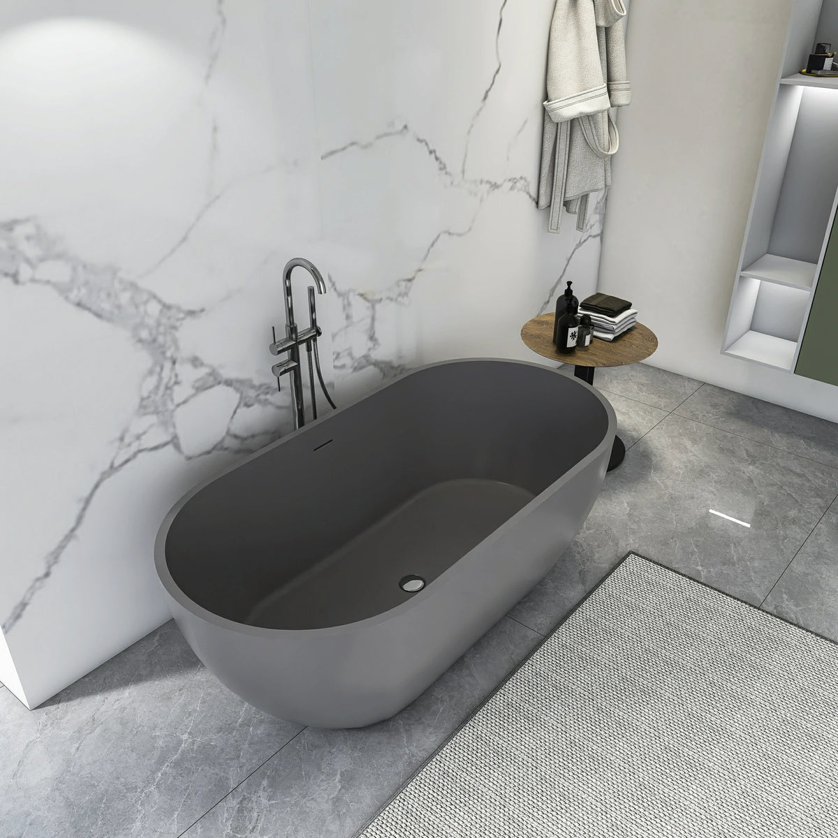 63" Oval Solid Surface Freestanding Bathtub in Matte White and Dark Grey