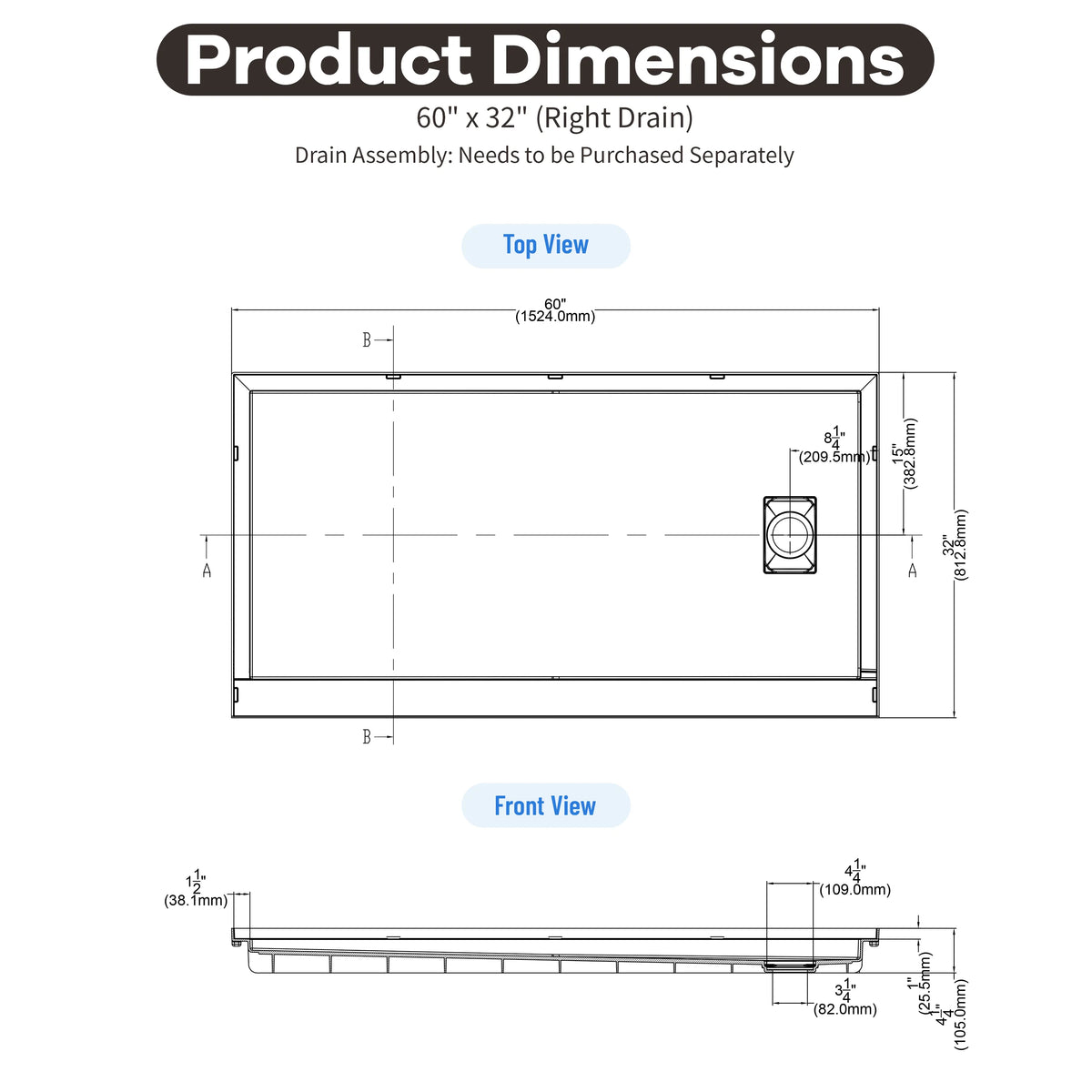 48"/60"x30"-36" White SMC Shower Base with Flamed Rock Slip-Resistant Surface, Left/Right Drain