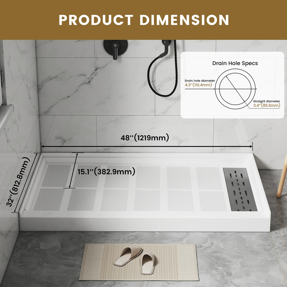 48"/60" x 30"/32"/36" White SMC Rectangular Shower Base with Non-Slip Texture, Left/Right Drain