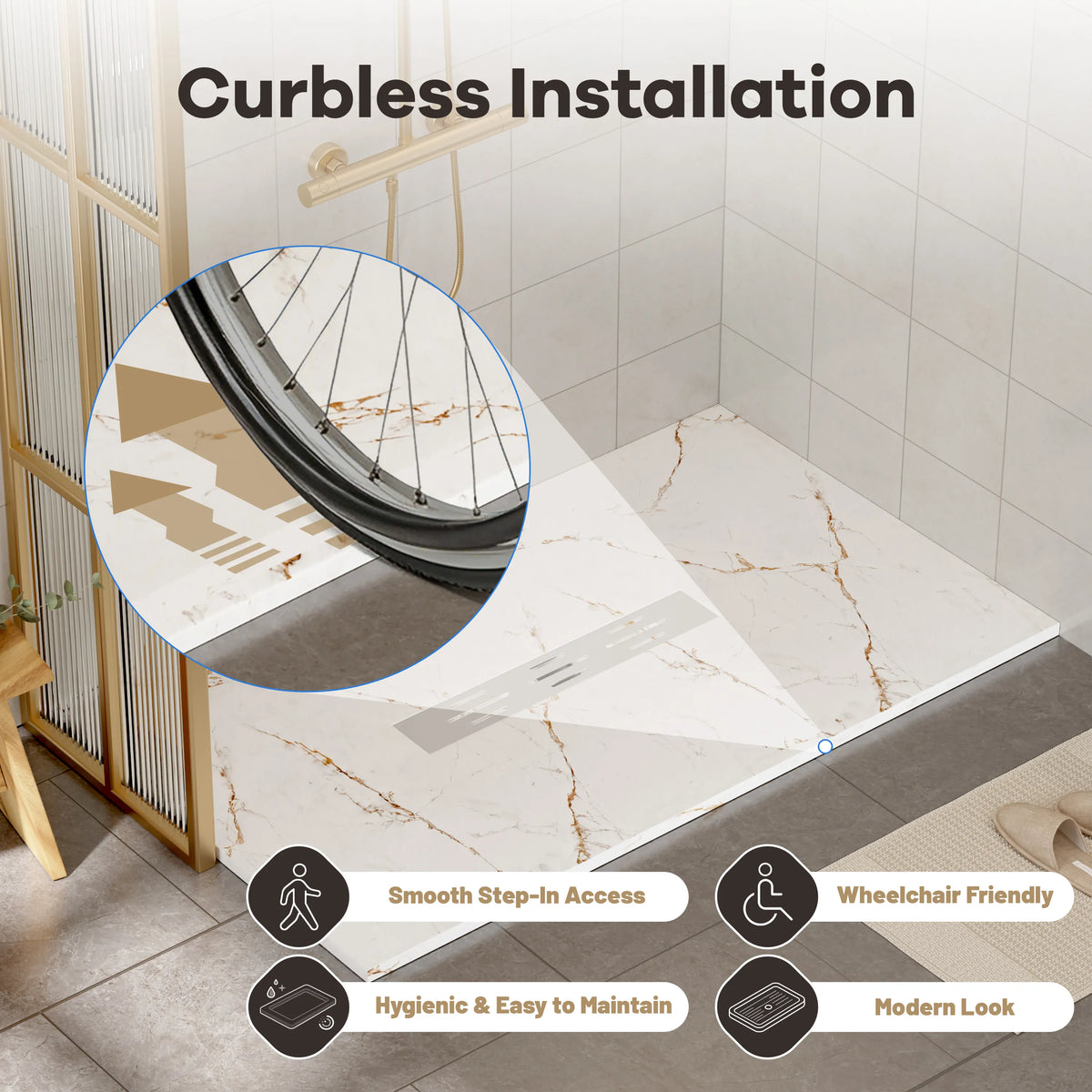 60"x36" White/Calacatta Curbless SMC Shower Base with Flamed Rock Slip-Resistant Surface, Center Drain