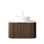 Floating Bathroom Vanity with Curved Edges, Fluted Drawer Fronts, Carrara Sintered Stone Top and Round Ceramic Vessel Sink, Natural Woodgrain / Dark Walnut
