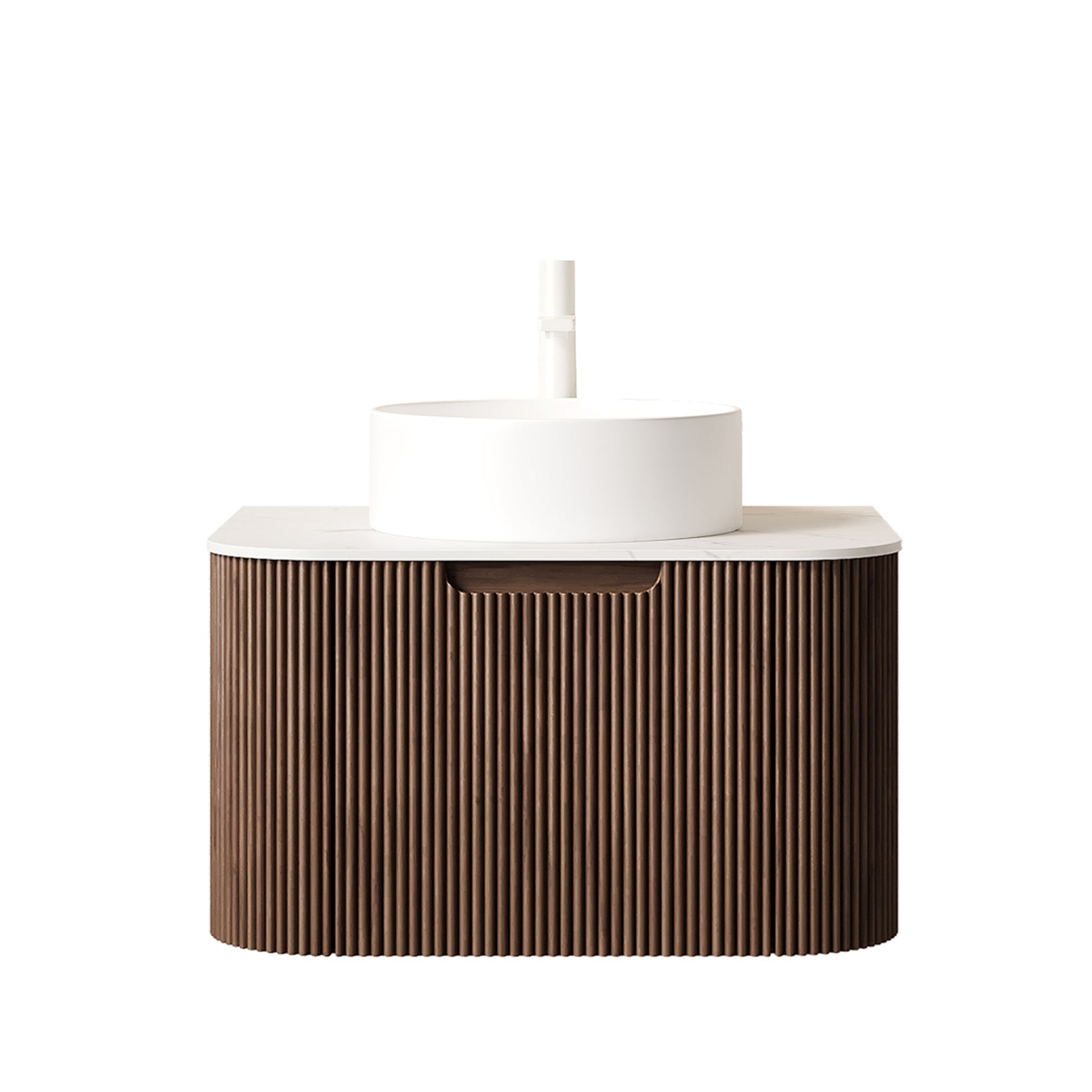 Floating Bathroom Vanity with Curved Edges, Fluted Drawer Fronts, Carrara Sintered Stone Top and Round Ceramic Vessel Sink, Natural Woodgrain / Dark Walnut