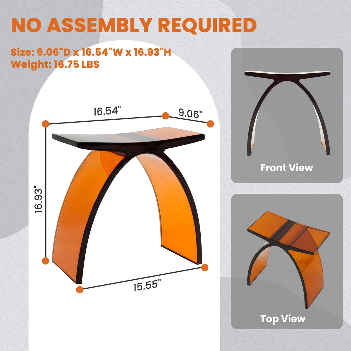 Translucent Resin Arched Solid Surface Bathroom Shower Bench in Glossy Smoke Black/Amber
