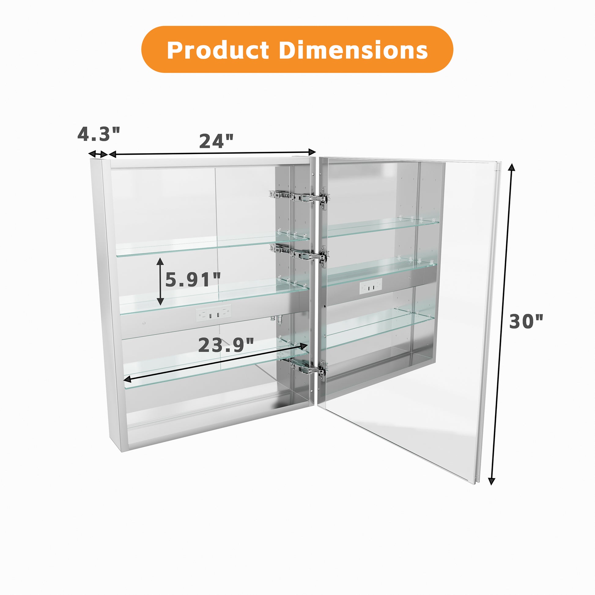 24" W x 30" H LED Lighted Bathroom Medicine Cabinet with Mirror, Tempered Glass Door, Anti-Fog Function and Adjustable Shelves Storage Cabinet