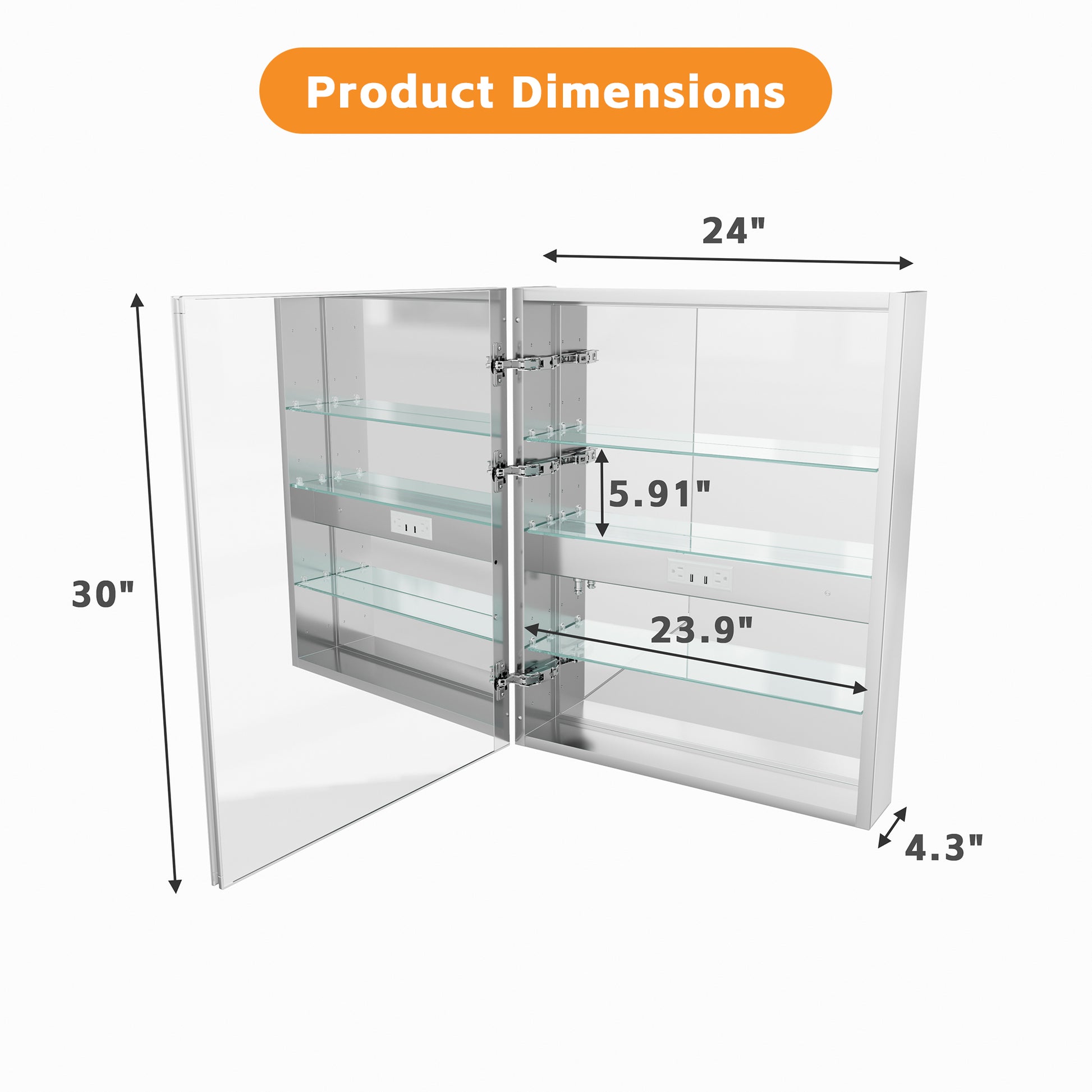 24" W x 30" H LED Lighted Bathroom Medicine Cabinet with Mirror, Tempered Glass Door, Anti-Fog Function and Adjustable Shelves Storage Cabinet