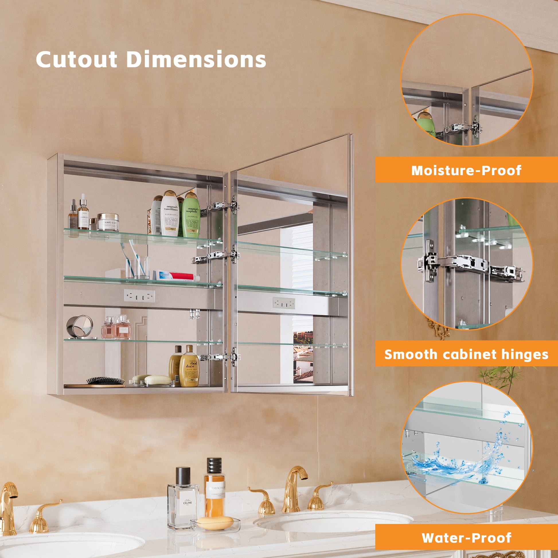 24" W x 30" H LED Lighted Bathroom Medicine Cabinet with Mirror, Tempered Glass Door, Anti-Fog Function and Adjustable Shelves Storage Cabinet