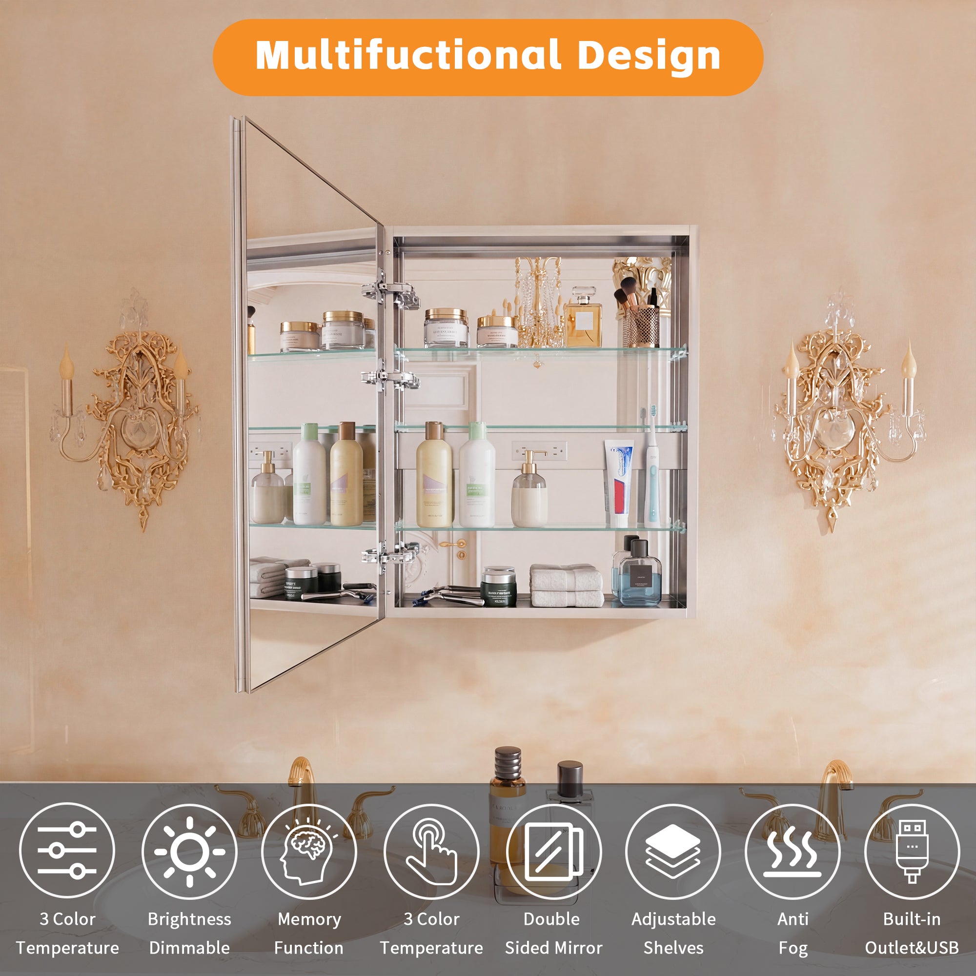 24" W x 30" H LED Lighted Bathroom Medicine Cabinet with Mirror, Tempered Glass Door, Anti-Fog Function and Adjustable Shelves Storage Cabinet