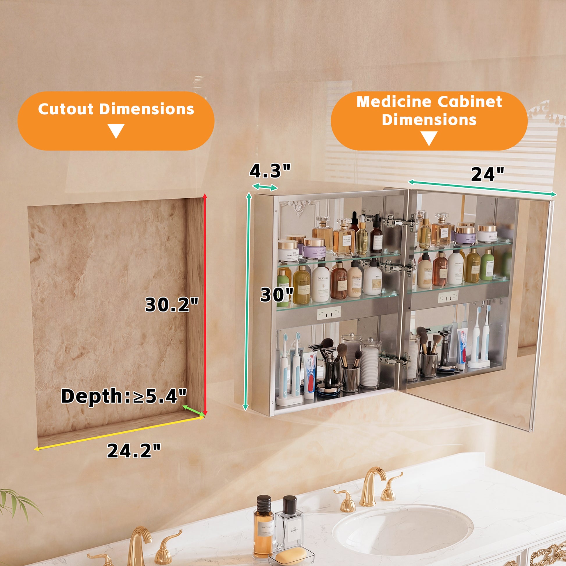 24" W x 30" H LED Lighted Bathroom Medicine Cabinet with Mirror, Tempered Glass Door, Anti-Fog Function and Adjustable Shelves Storage Cabinet