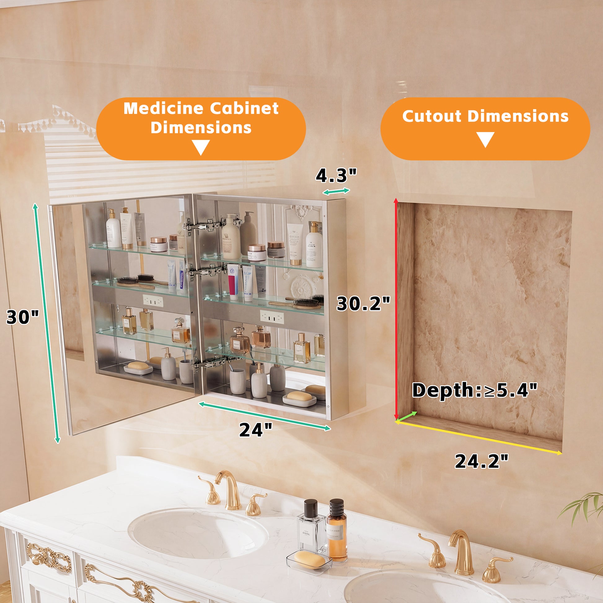24" W x 30" H LED Lighted Bathroom Medicine Cabinet with Mirror, Tempered Glass Door, Anti-Fog Function and Adjustable Shelves Storage Cabinet