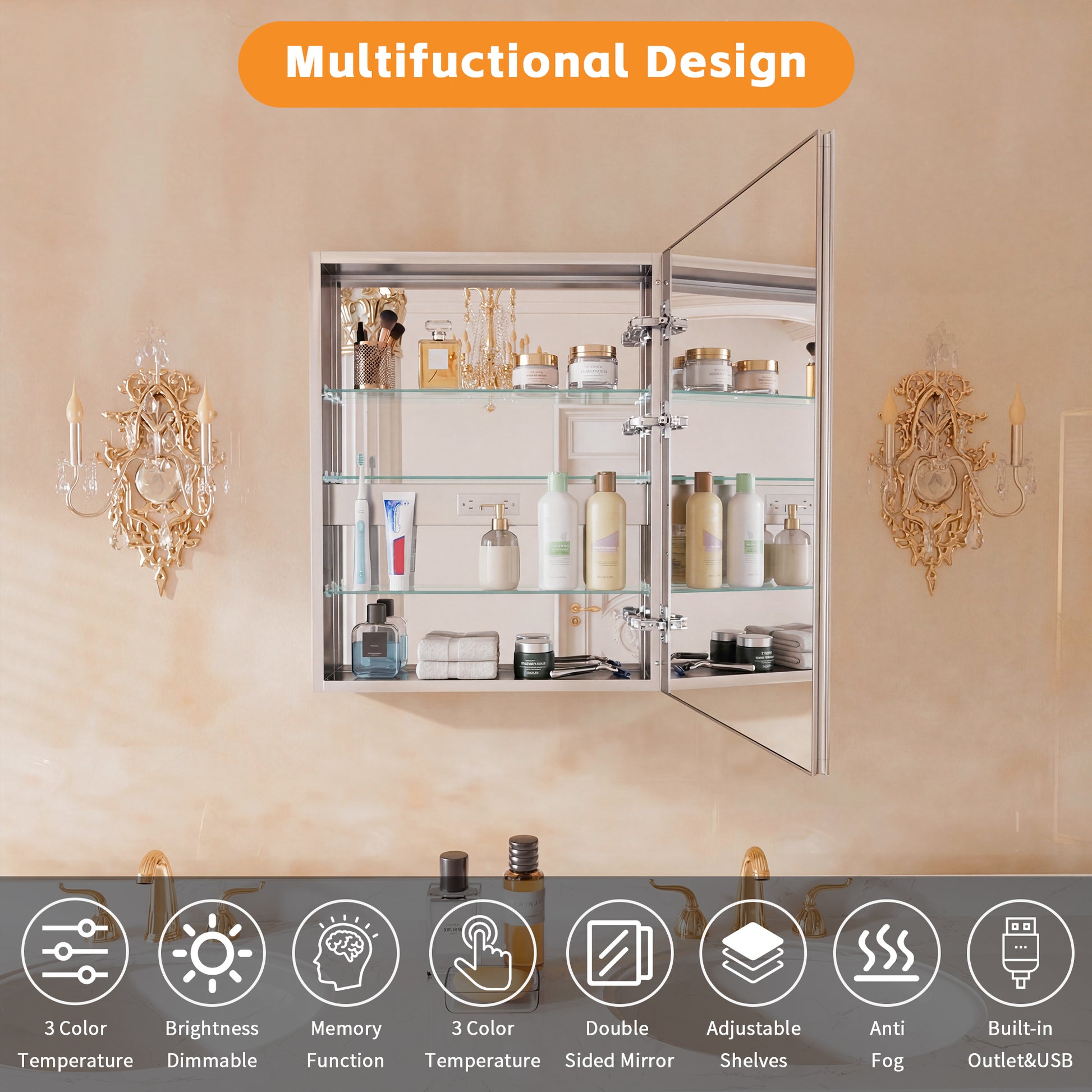 24" W x 30" H LED Lighted Bathroom Medicine Cabinet with Mirror, Tempered Glass Door, Anti-Fog Function and Adjustable Shelves Storage Cabinet