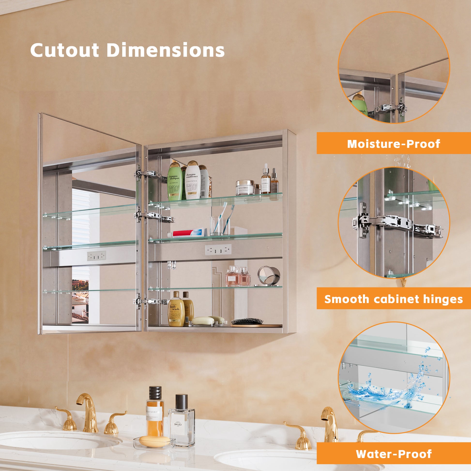 24" W x 30" H LED Lighted Bathroom Medicine Cabinet with Mirror, Tempered Glass Door, Anti-Fog Function and Adjustable Shelves Storage Cabinet