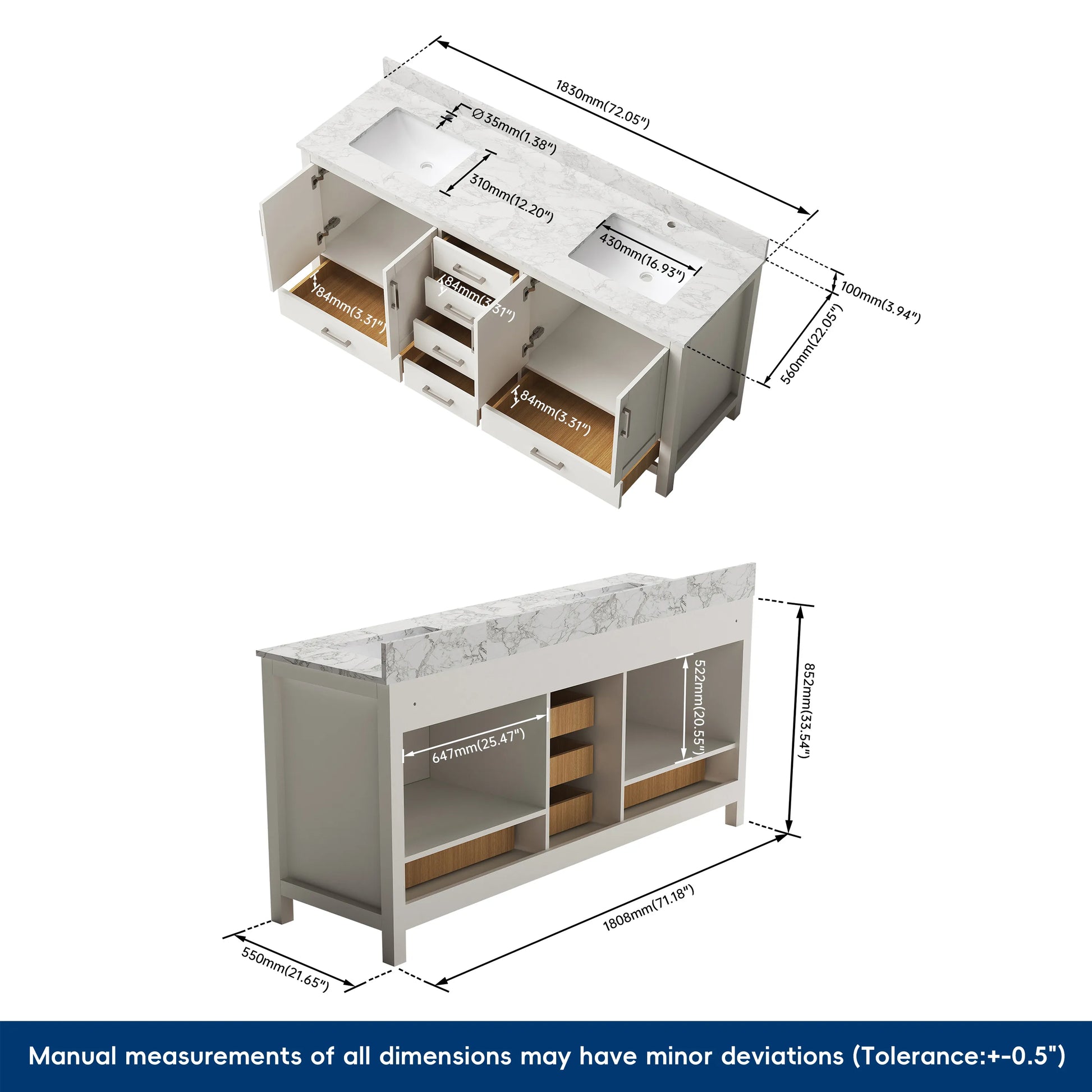 30"/36"/48"/72" Freestanding Bathroom Vanity with White Marble-Pattern Artificial Stone Top