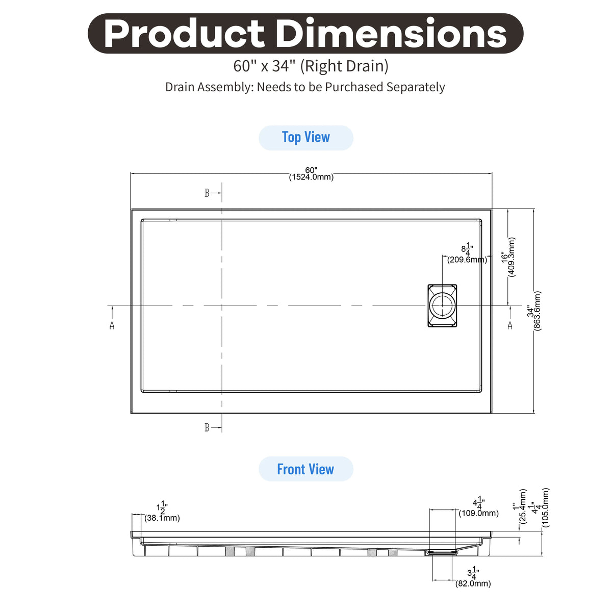 48"/60"x30"-36" White SMC Shower Base with Flamed Rock Slip-Resistant Surface, Left/Right Drain