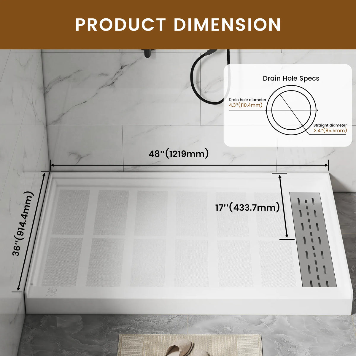 48"/60" x 30"/32"/36" White SMC Rectangular Shower Base with Non-Slip Texture, Left/Right Drain