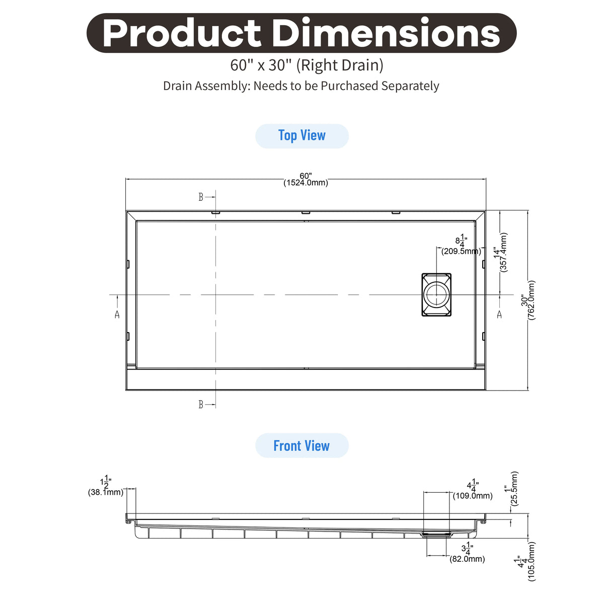 60"x30"/32" Grey One-Piece SMC Shower Pan Base with Anti-Slip Texture