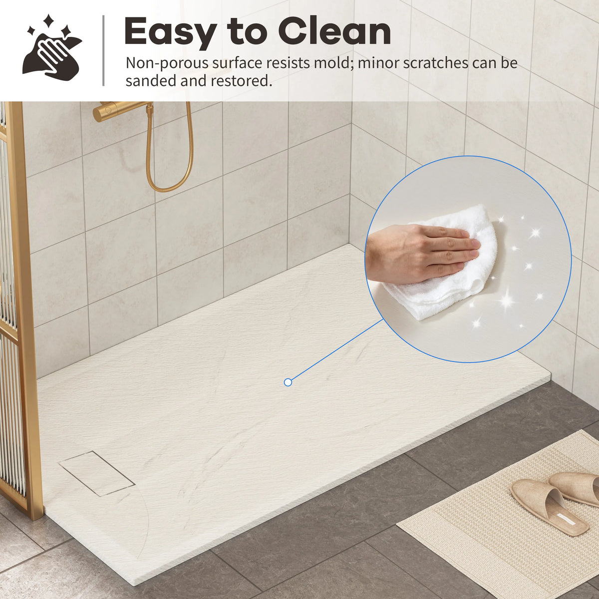 60"x32"/36" Curbless SMC Shower Base with Flamed Rock Slip-Resistant Surface, Reversible Drain