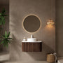 Floating Bathroom Vanity with Curved Edges, Fluted Drawer Fronts, Carrara Sintered Stone Top and Round Ceramic Vessel Sink, Natural Woodgrain / Dark Walnut