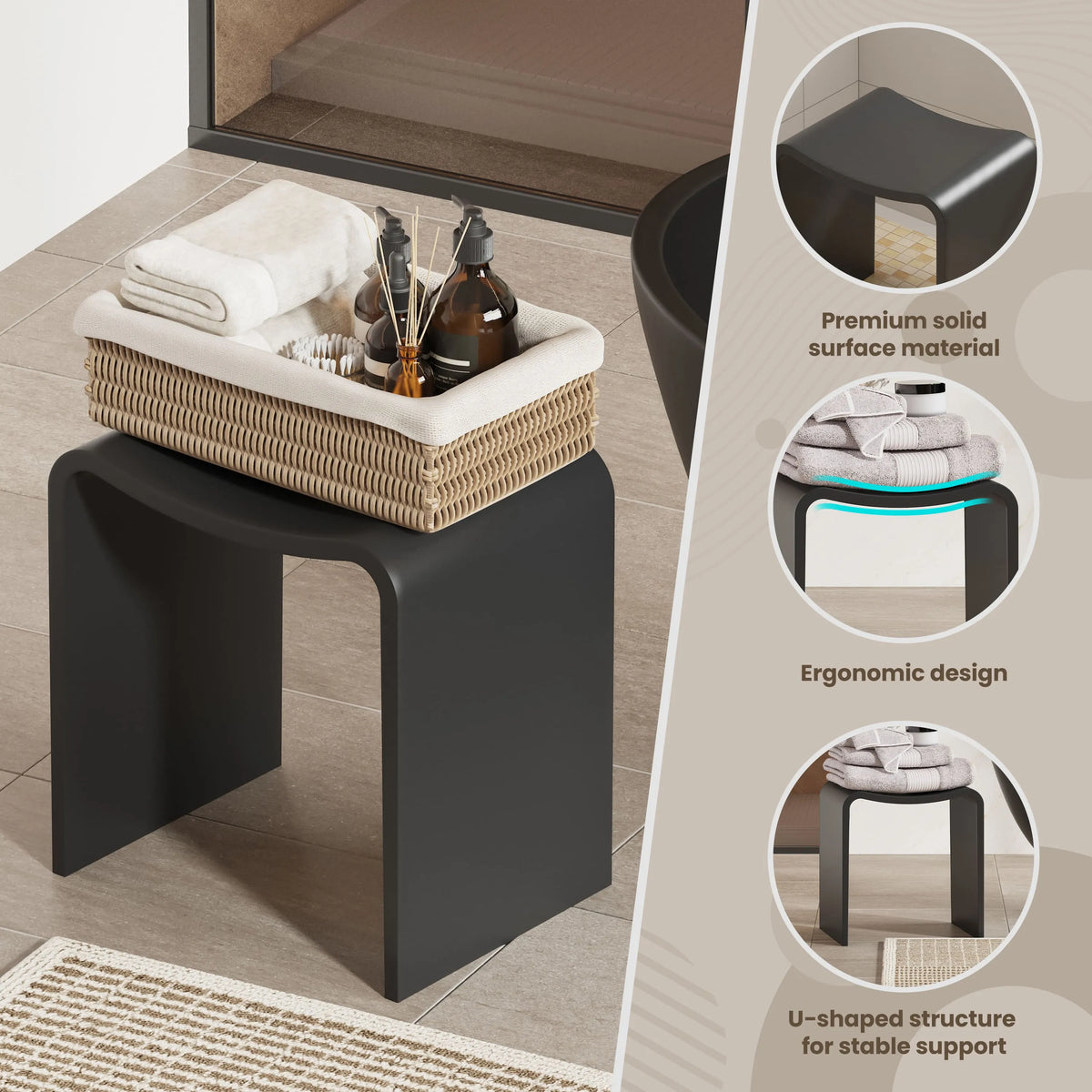 Solid Surface U-Shaped Shower Stool in Matte White / Matte Black