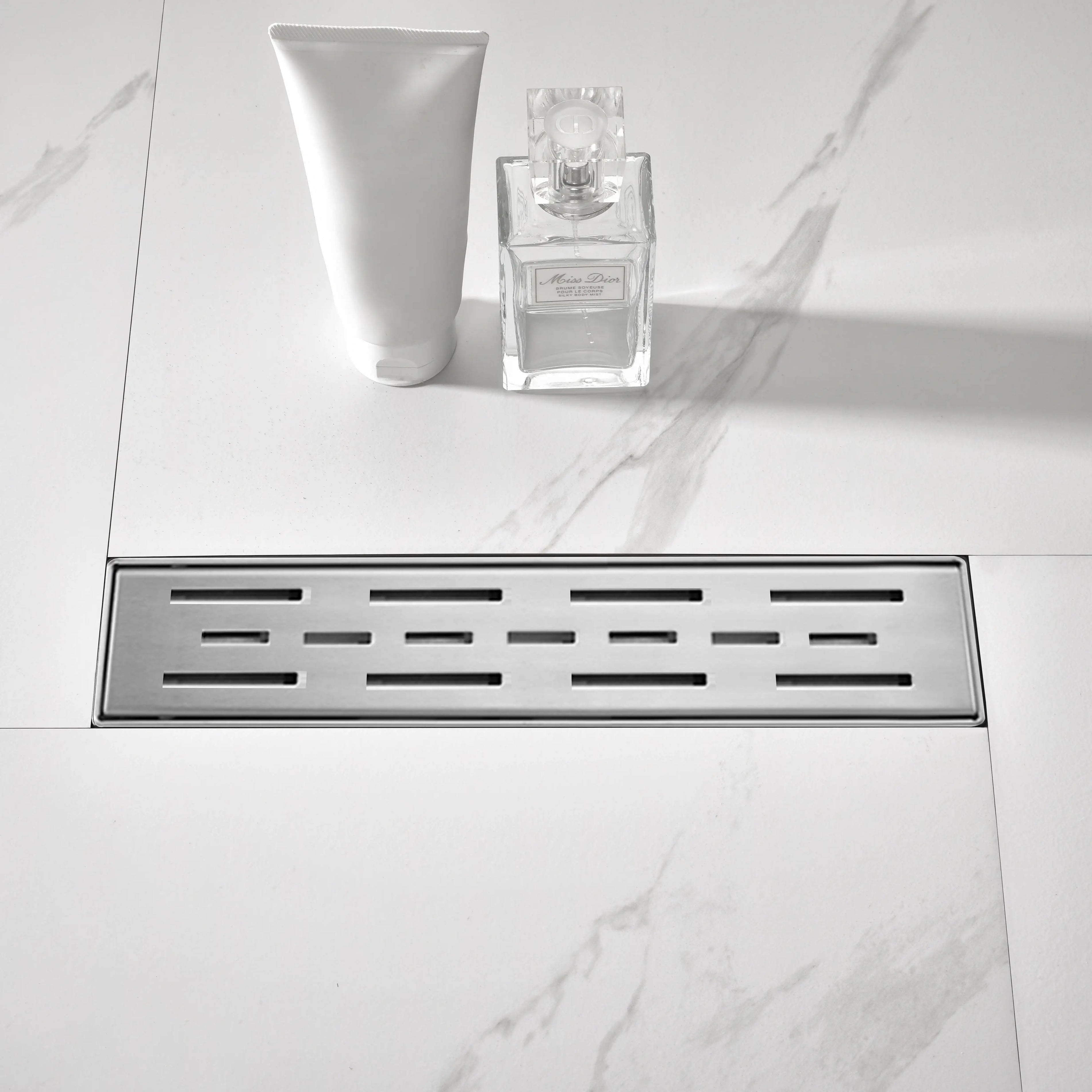 Linear Shower Drain with Brick Pattern Grate Cover and Hair Strainer in 304 Stainless Steel