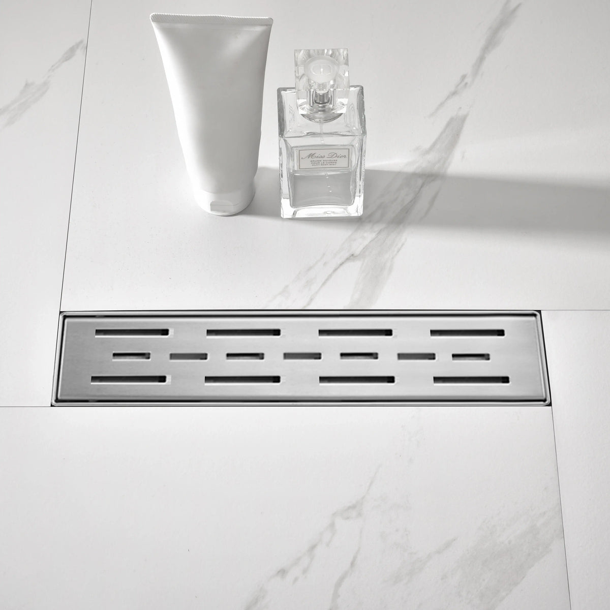 Linear Shower Drain with Brick Pattern Grate Cover and Hair Strainer in 304 Stainless Steel