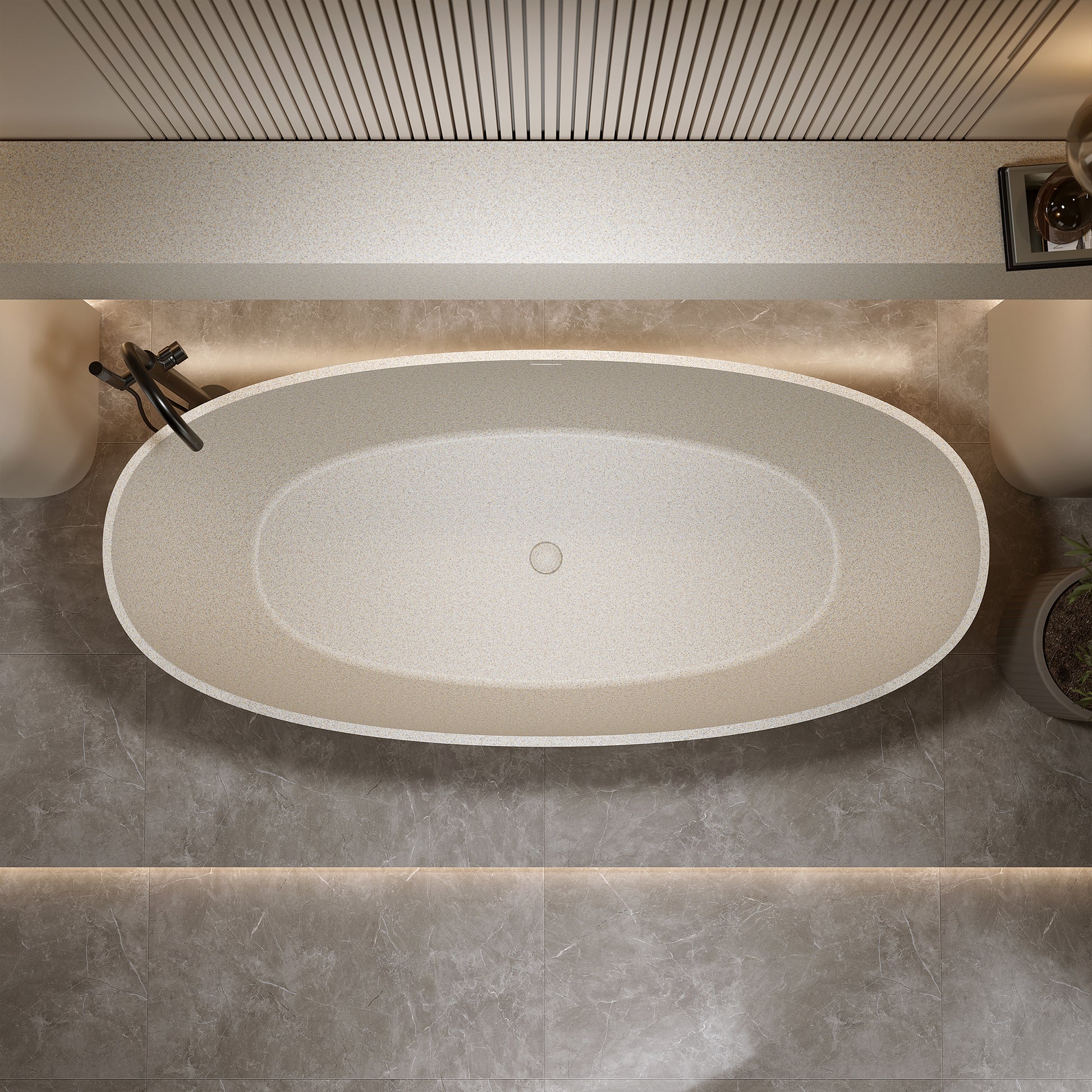 55"/59"/63"/67" Cream Grey Stone Resin Freestanding Soaking Bathtub with Center Overflow and Drain