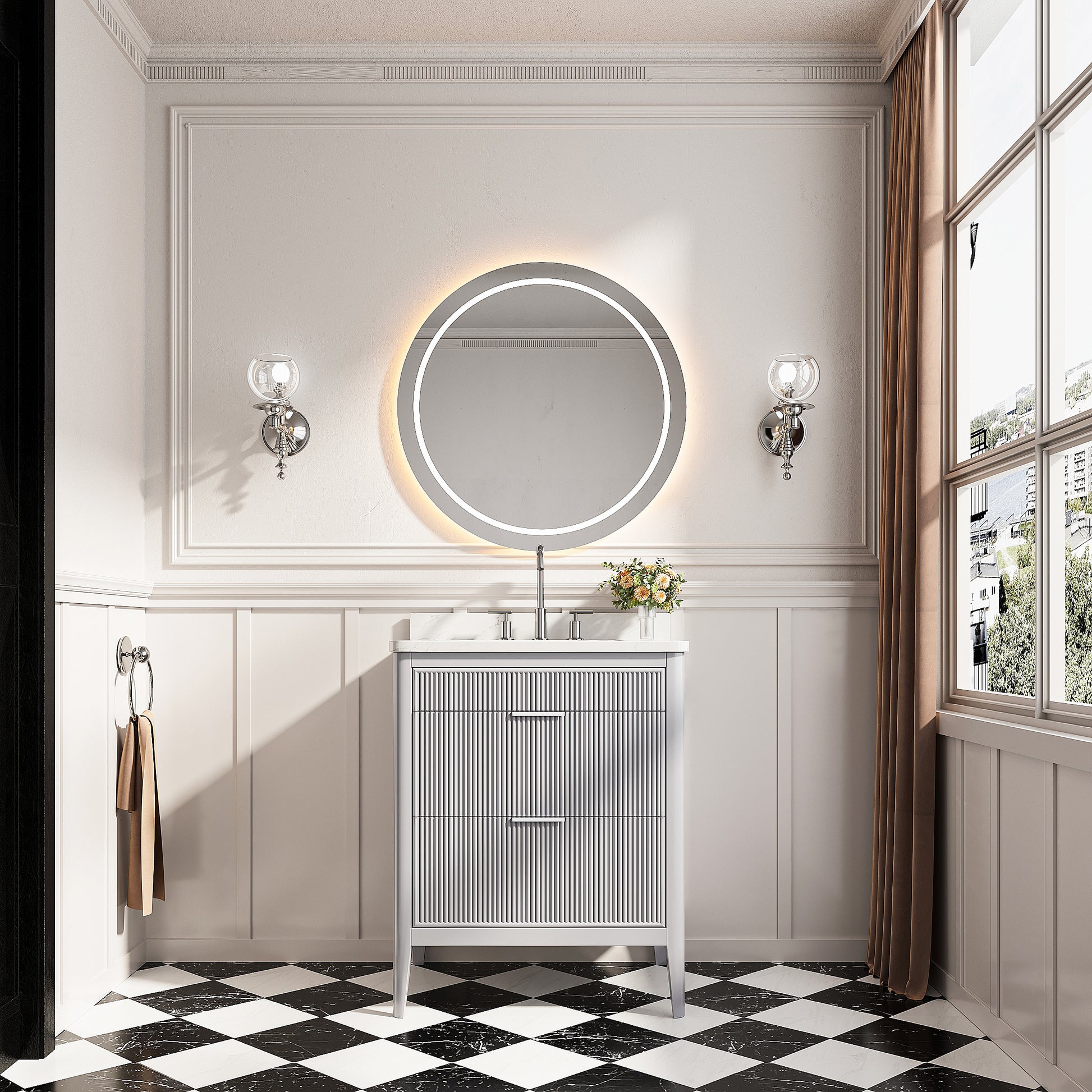 30"/36"/48" Freestanding Single Sink Bathroom Vanity with Solid Wood Construction & Marble Top