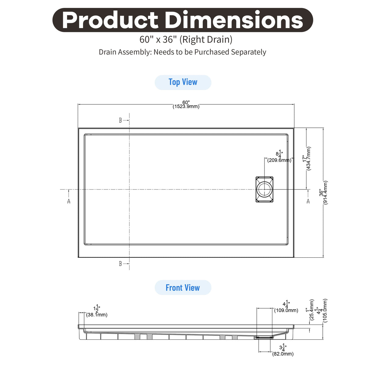48"/60"x30"-36" White SMC Shower Base with Flamed Rock Slip-Resistant Surface, Left/Right Drain