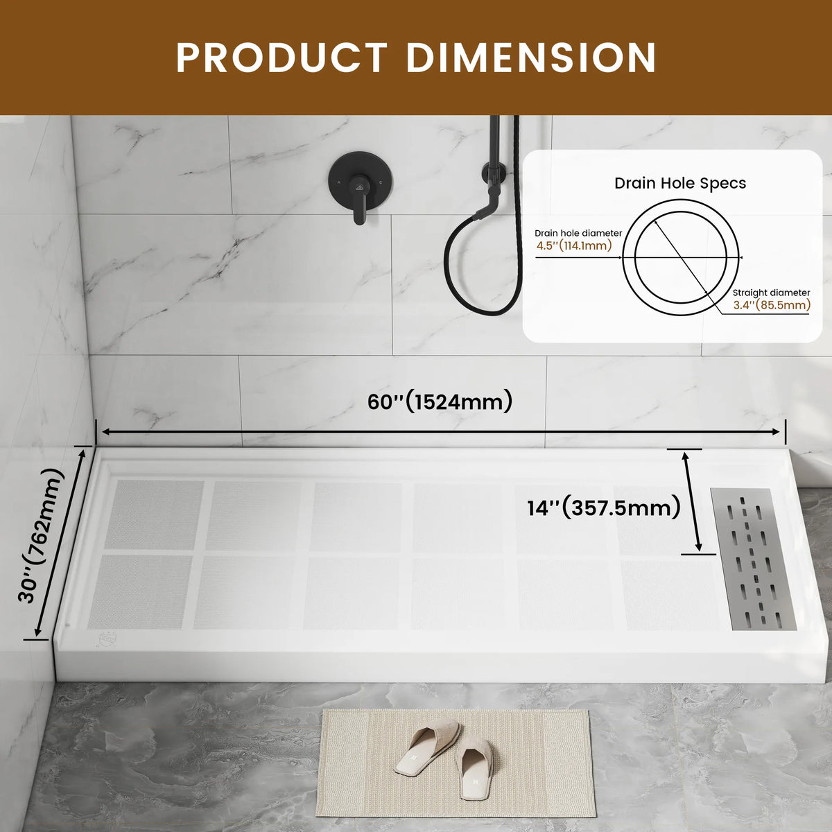48"/60" x 30"/32"/36" White SMC Rectangular Shower Base with Non-Slip Texture, Left/Right Drain