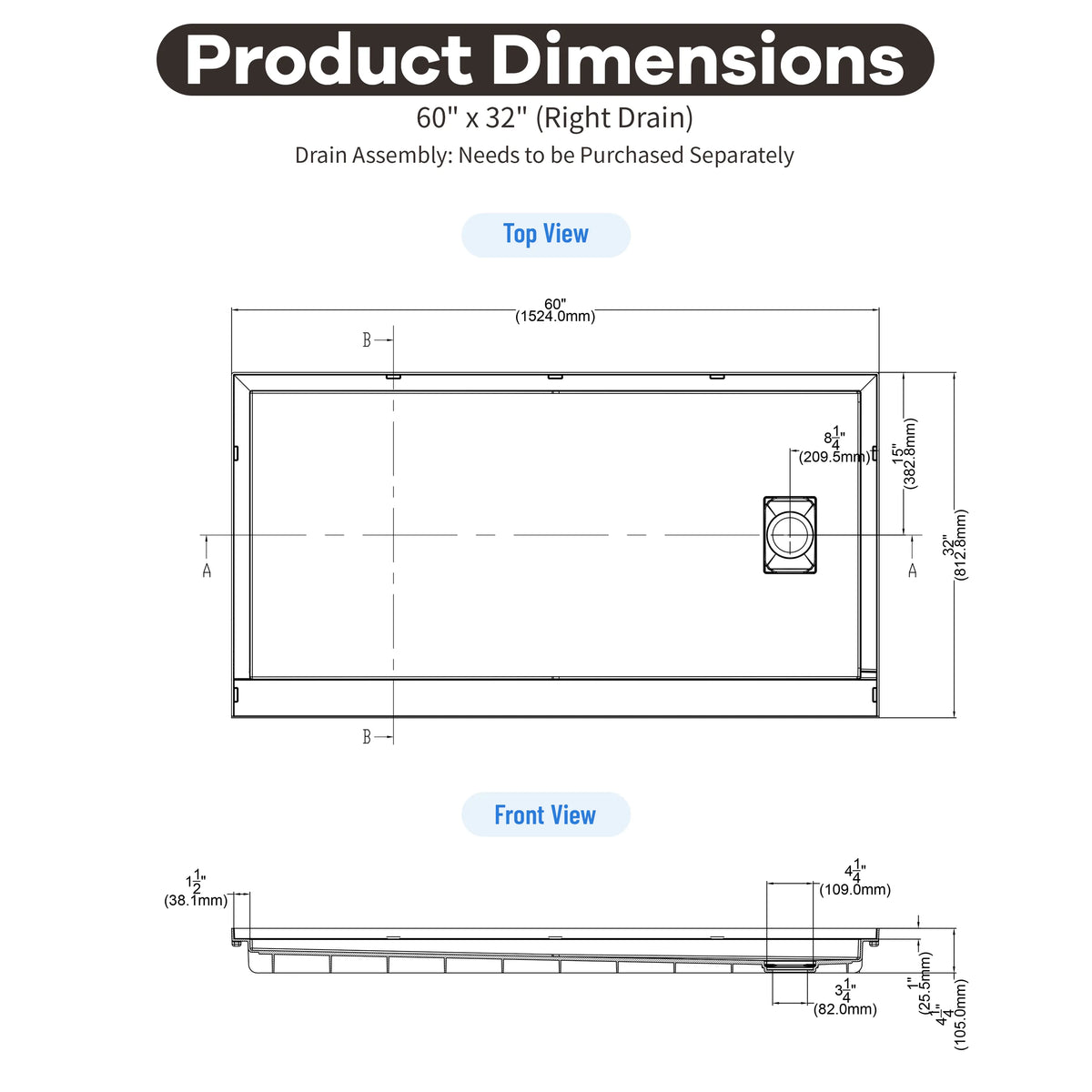 60"x30"/32" Grey One-Piece SMC Shower Pan Base with Anti-Slip Texture