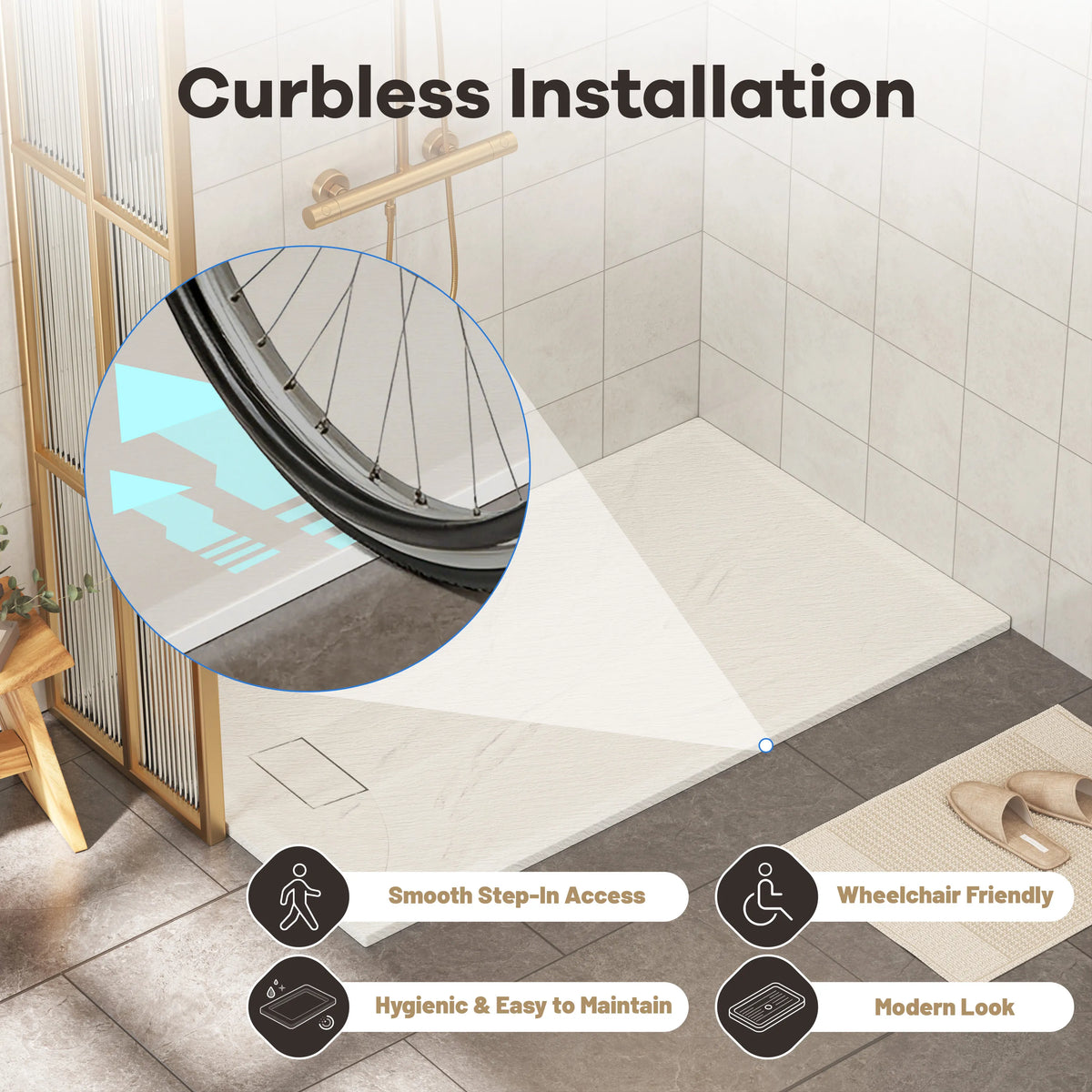 60"x32"/36" Curbless SMC Shower Base with Flamed Rock Slip-Resistant Surface, Reversible Drain